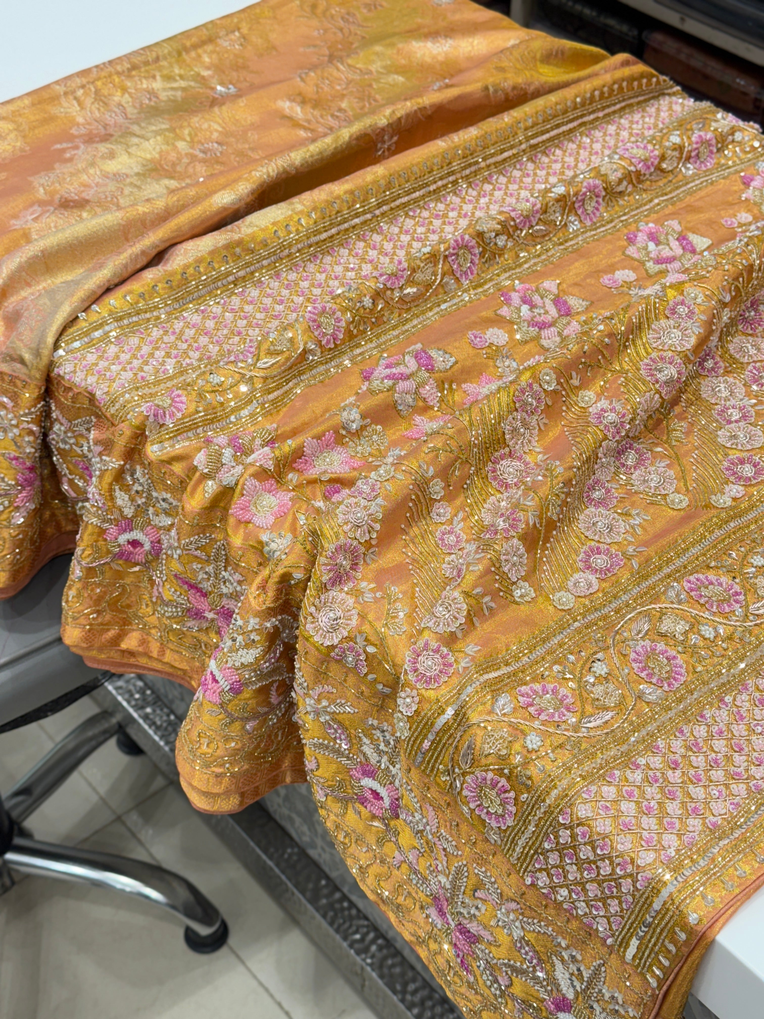 Gold Tissue Kanjivaram Rangkat Hand Embroidery Saree