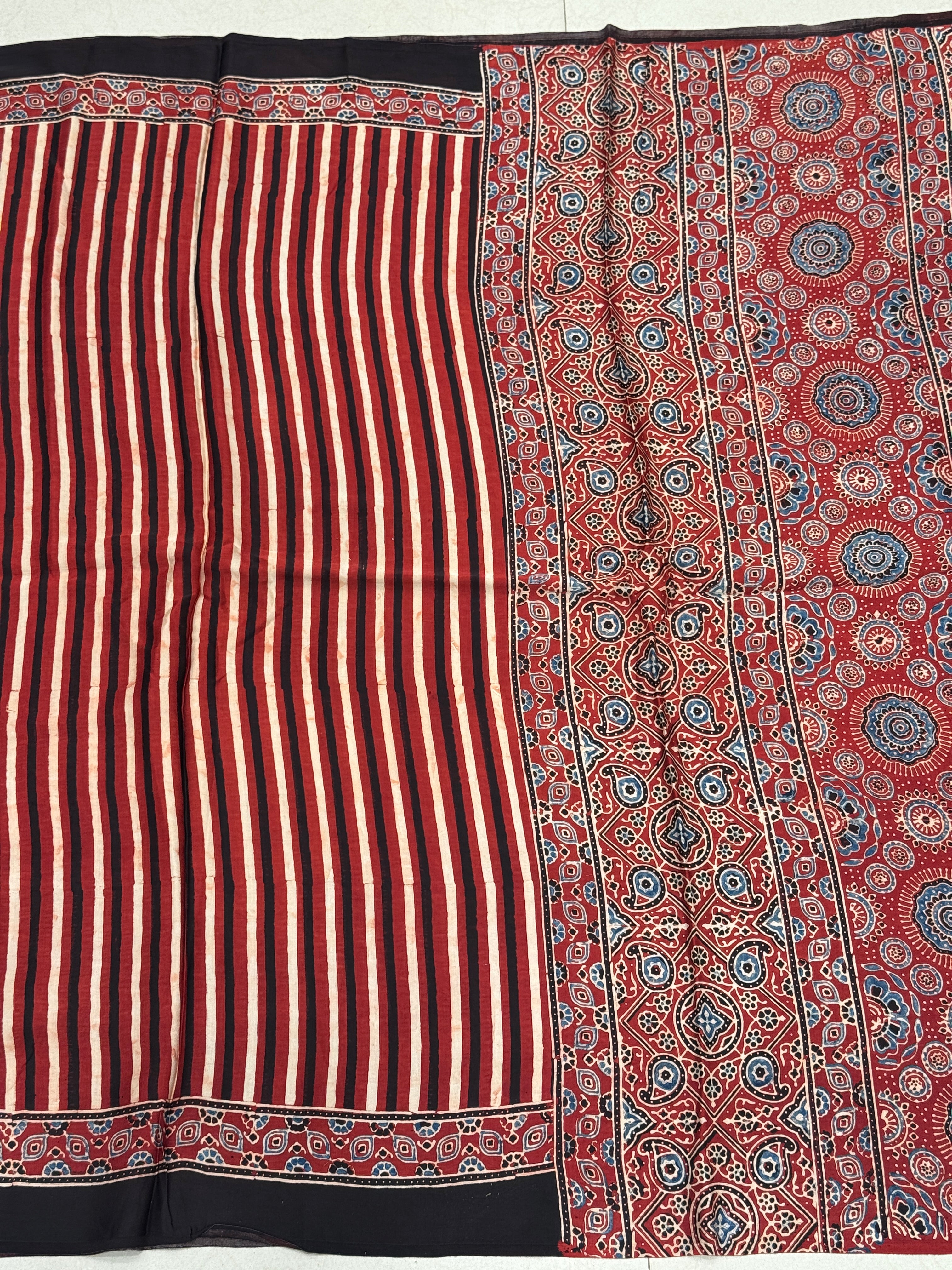 Red White Contemporary Hand Block Print Ajrkah Pure Gajji Silk Saree