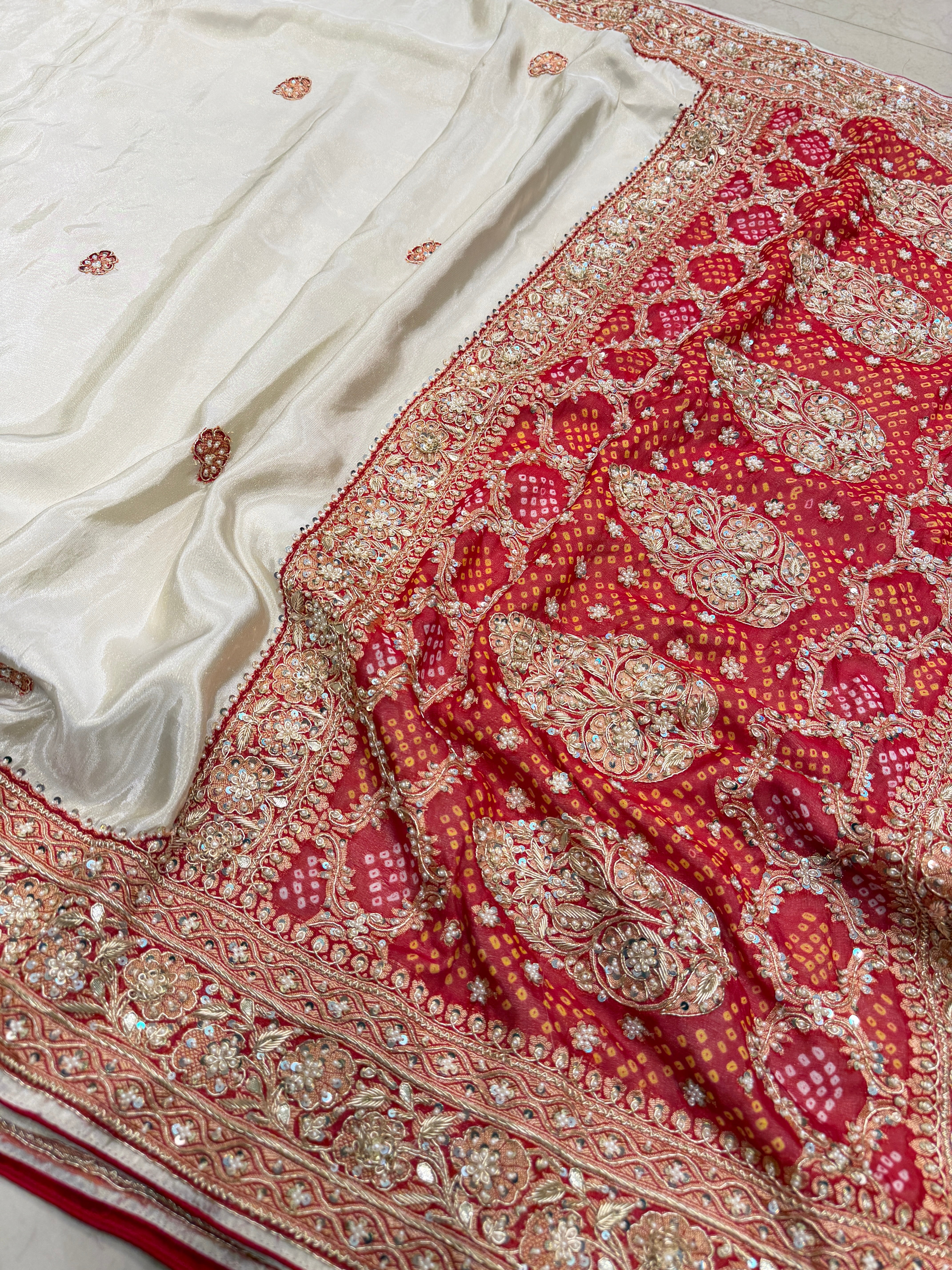 Ivory Banarasi Crepe Tissue Bandhej Patch Zardosi Hand Embroidery Saree