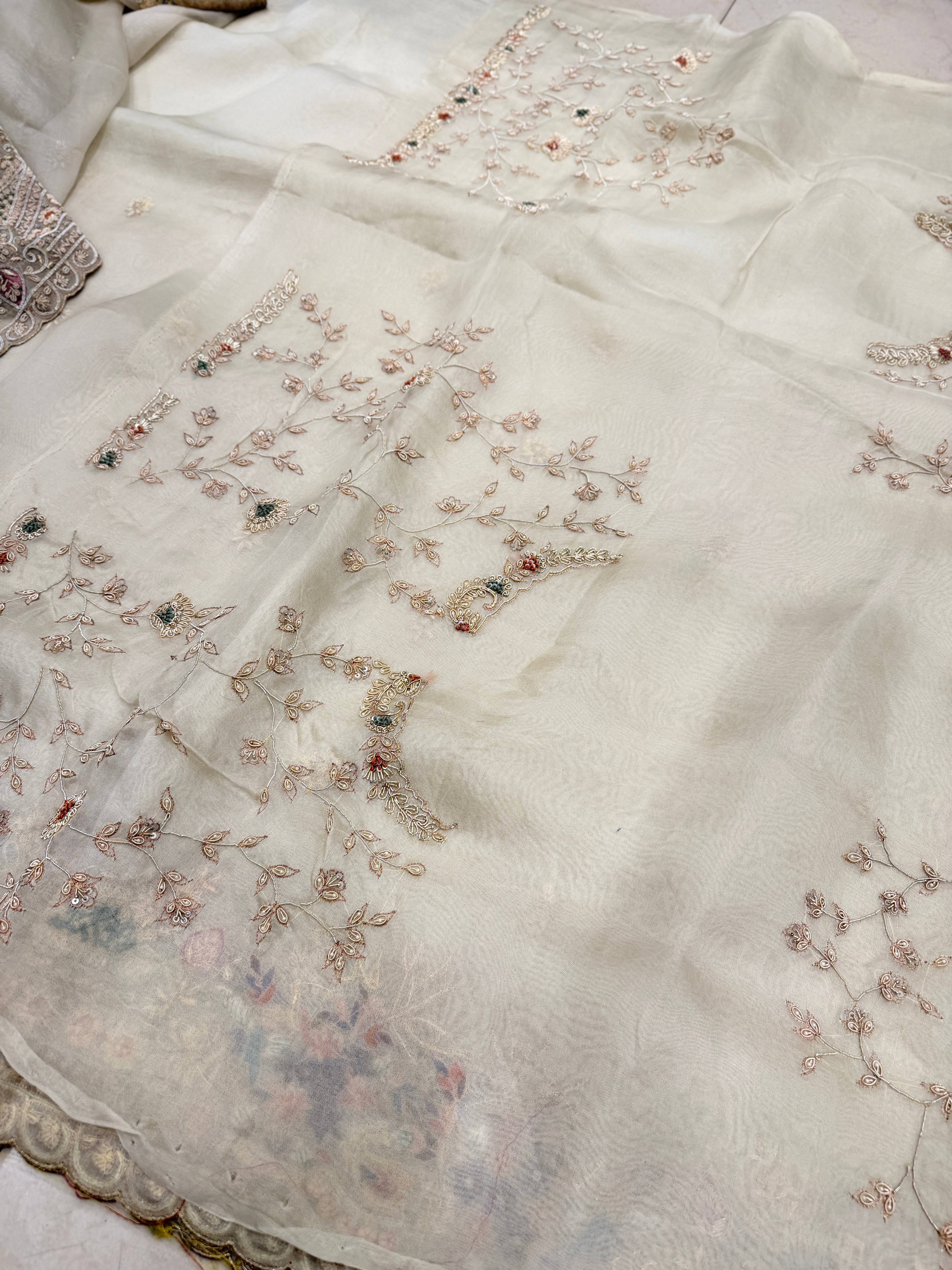 Moti White Organza Border Zardosi Resham Hand Embroidery Saree