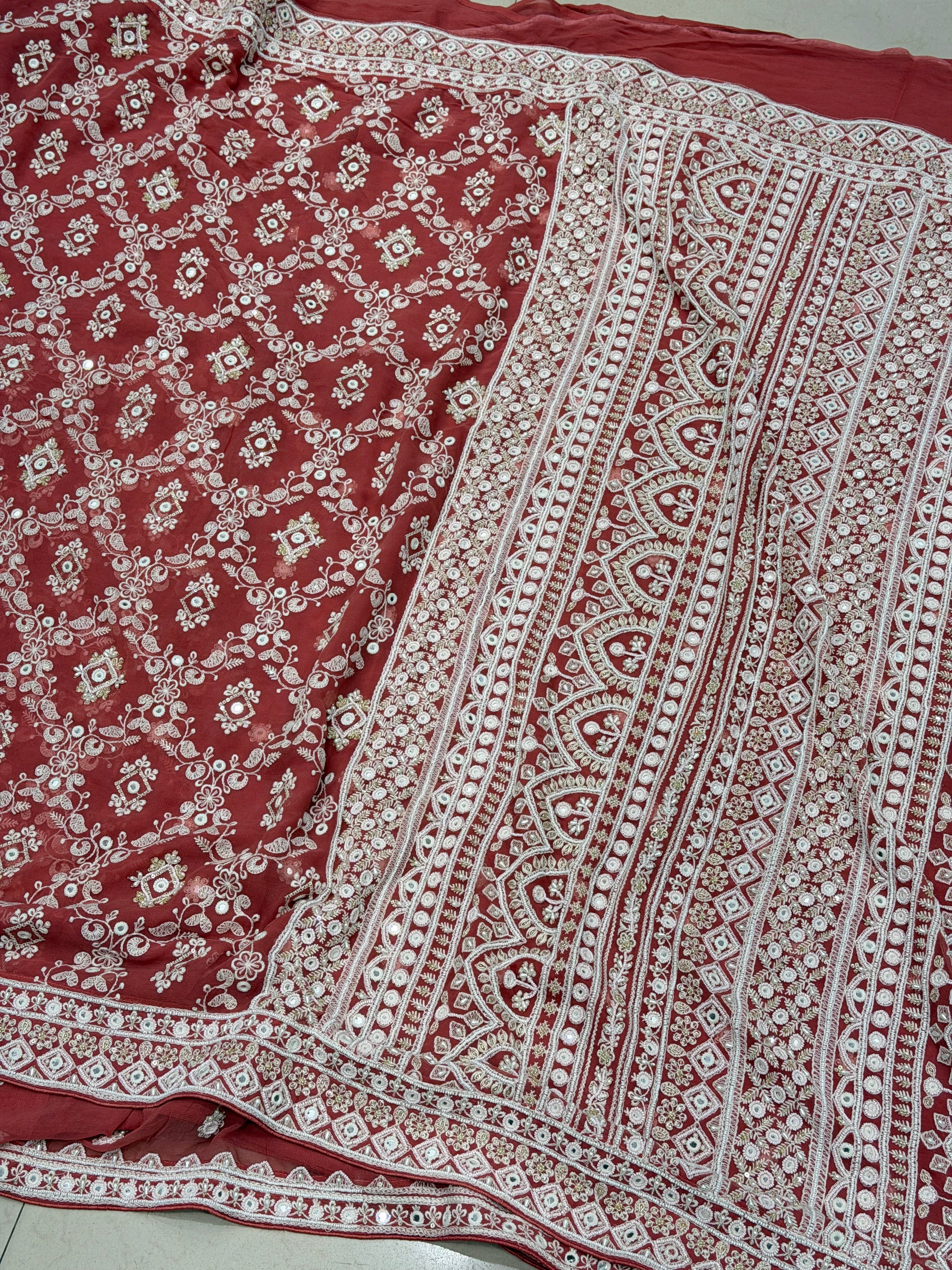 Brick Red Chikankari Georgette Hand Embroidery Moti and Zardosi Saree
