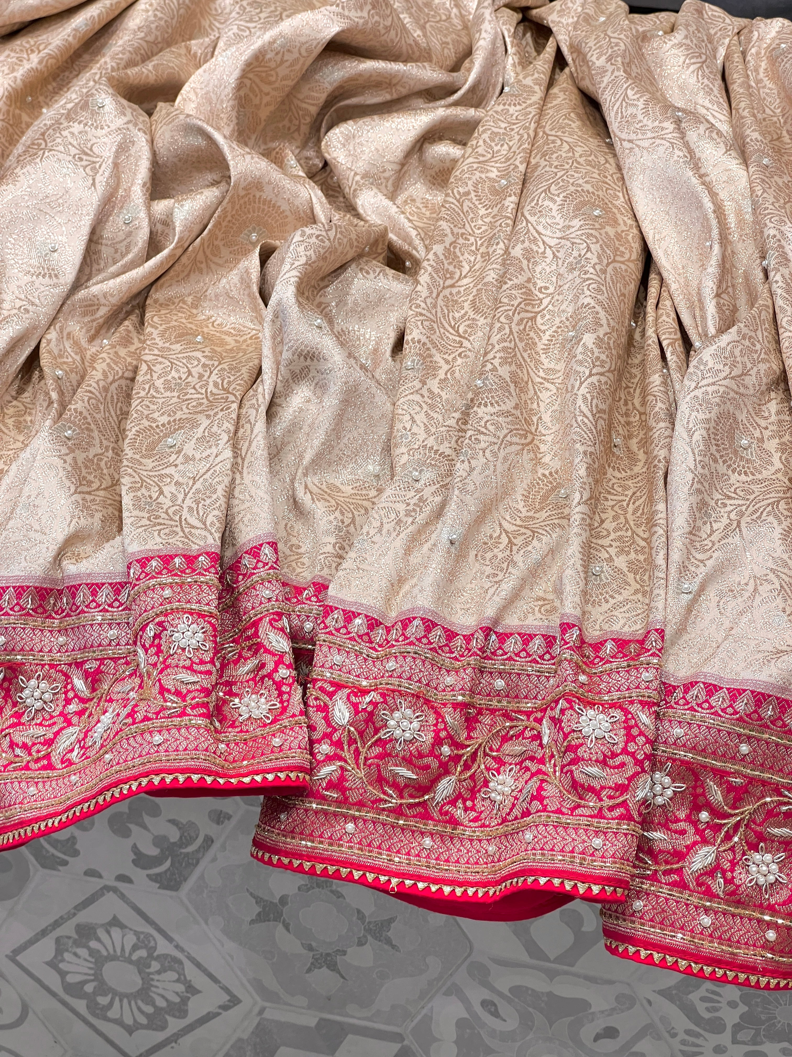 Beige Banarasi Reddish Pink Border Hand Embroidery Saree