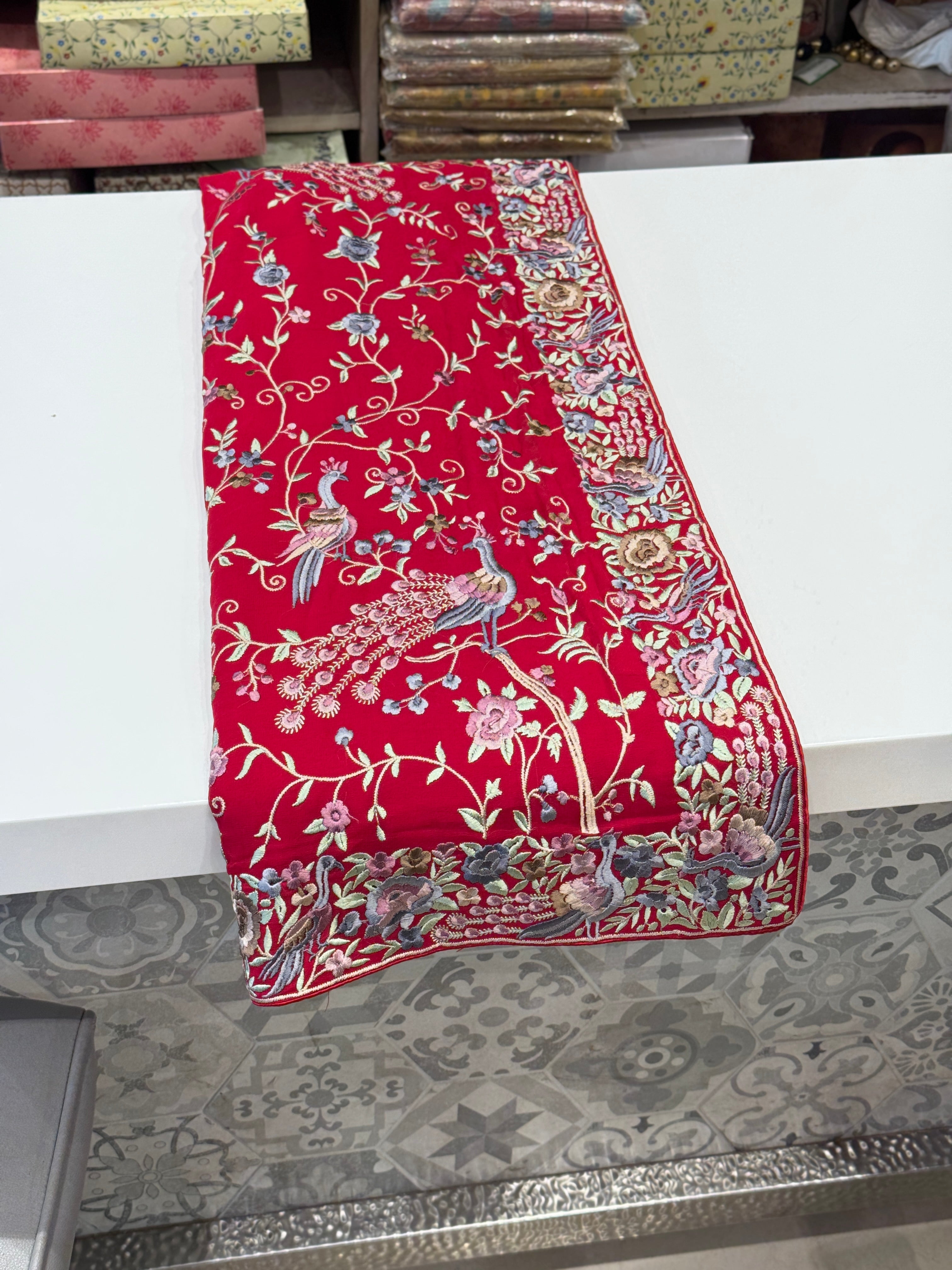 Red Georgette Parsi Gara Peacocks Saree