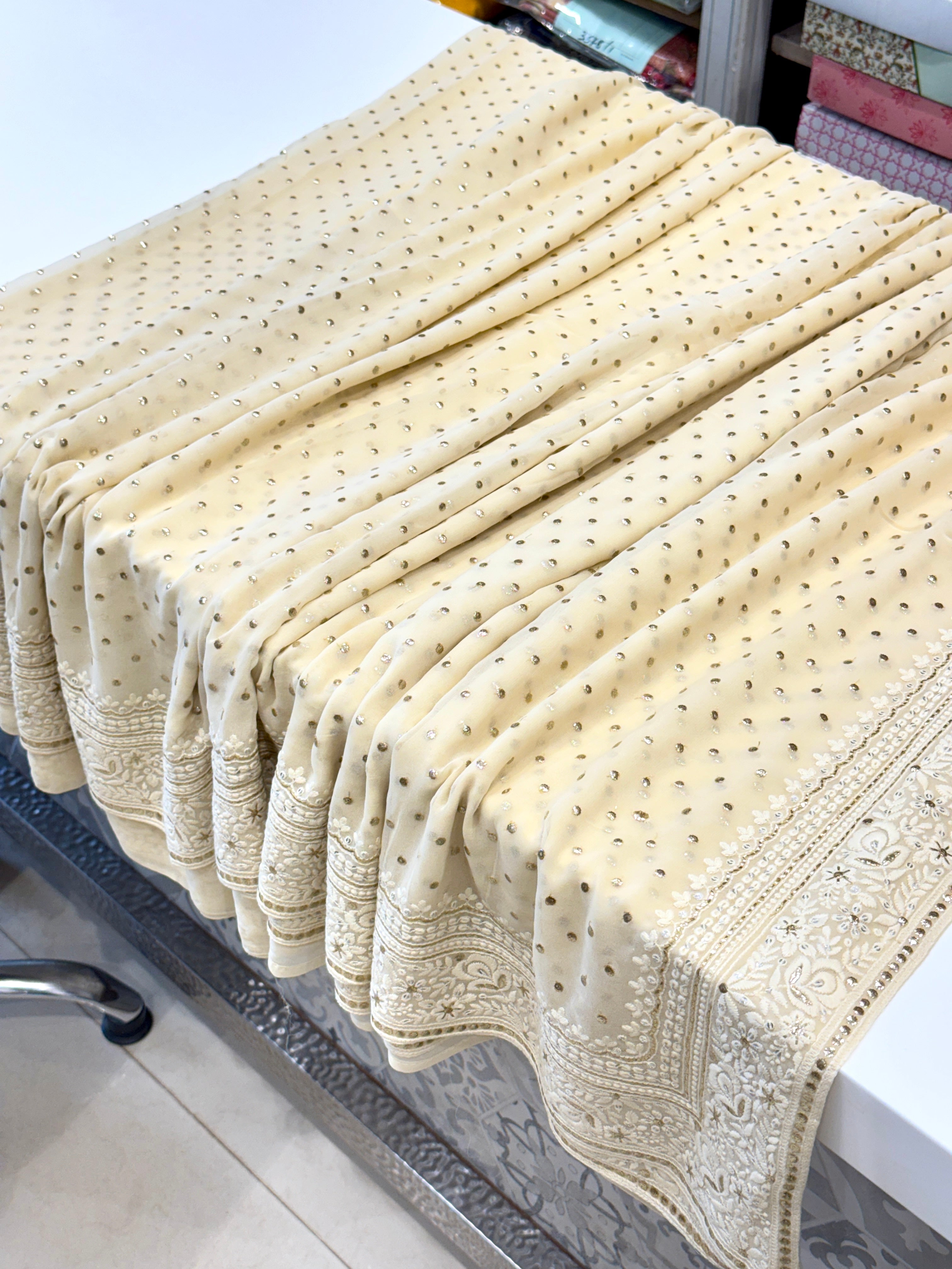 Moti White Chikankari Saree with Mukaish Embroidery