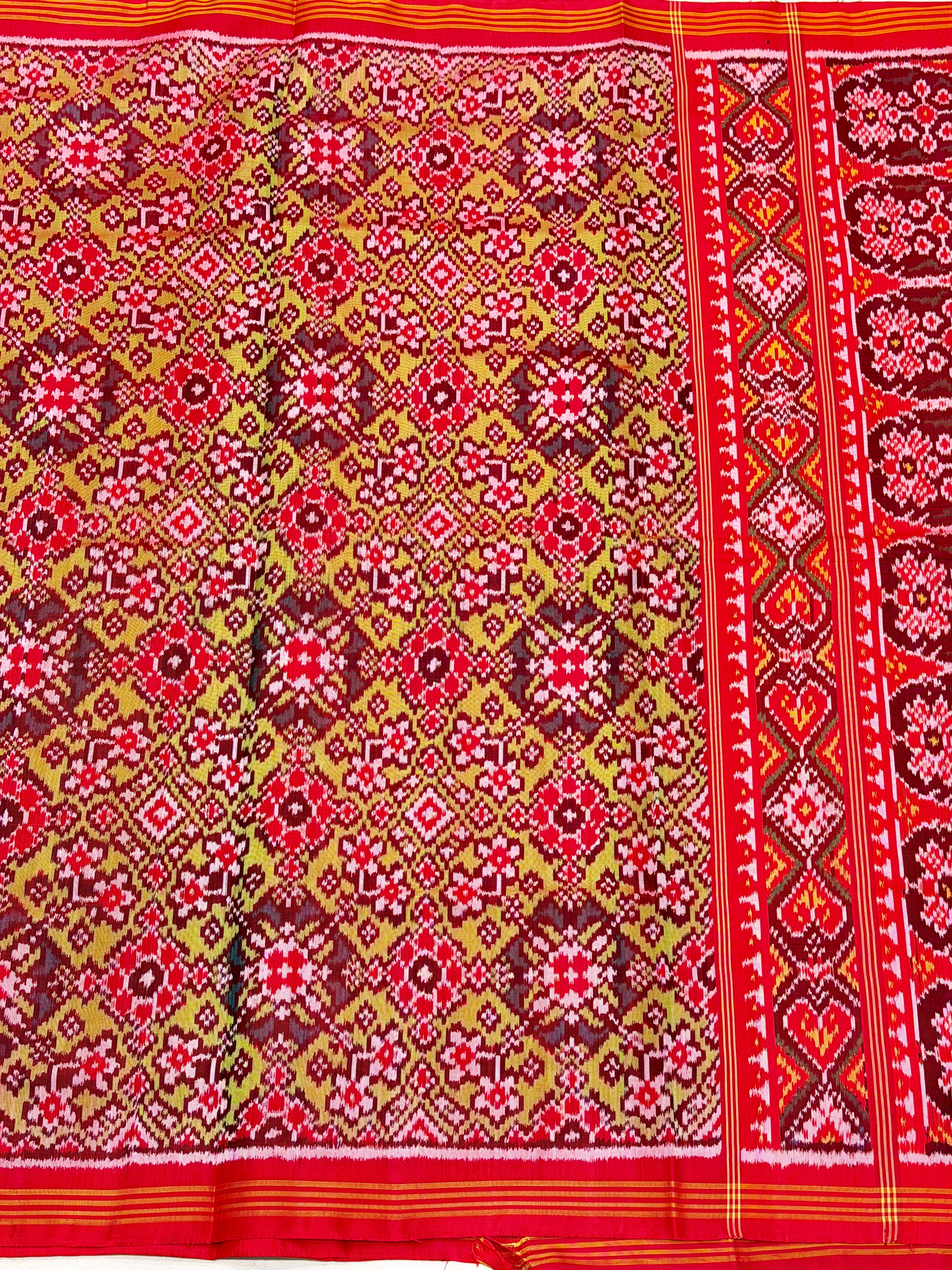 Lime Green Red Manek Chowk Pure Silk Handloom Patola Saree