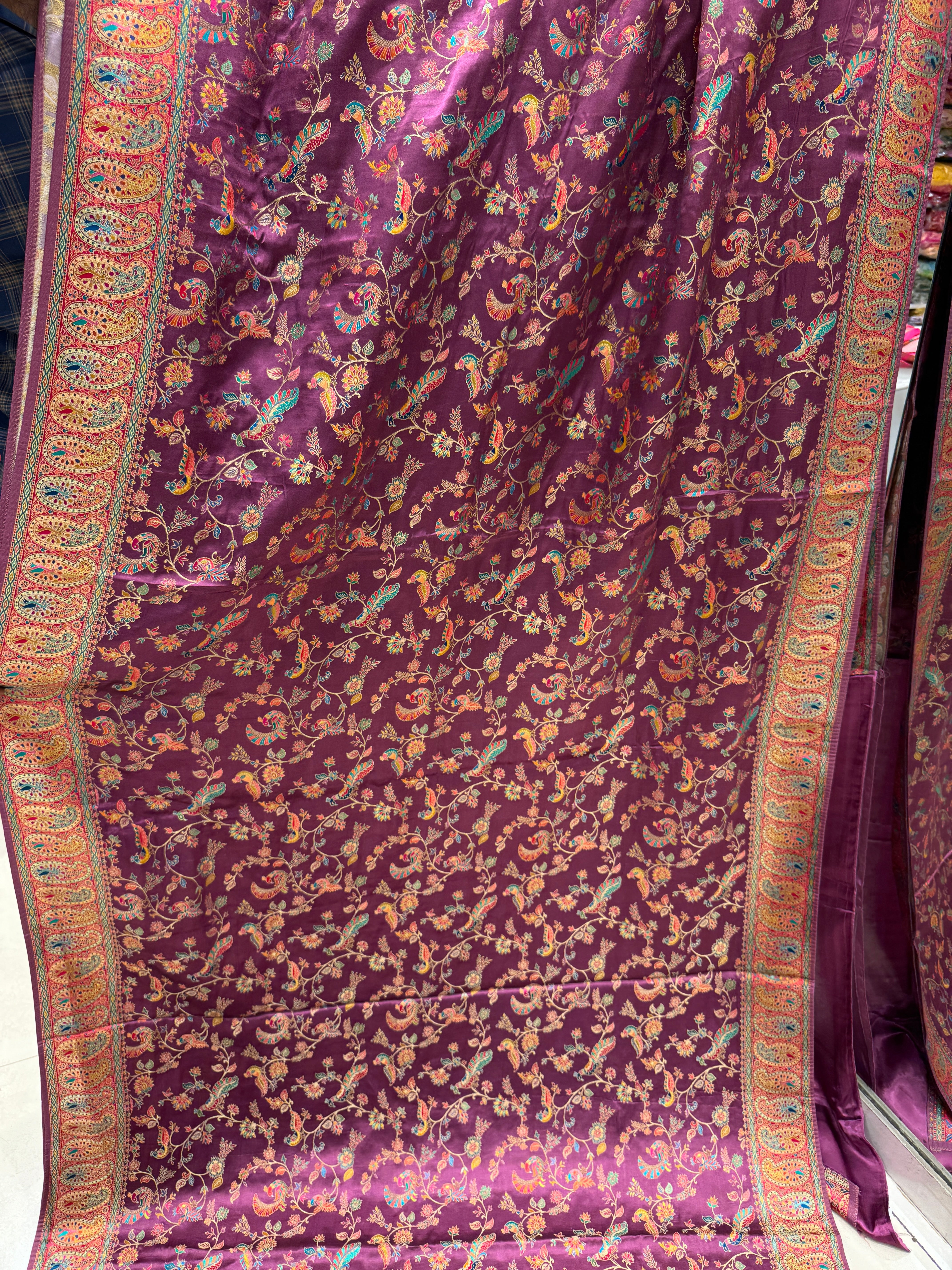 Wine Banarasi Modal Satin Pashmina Style Jaal Saree