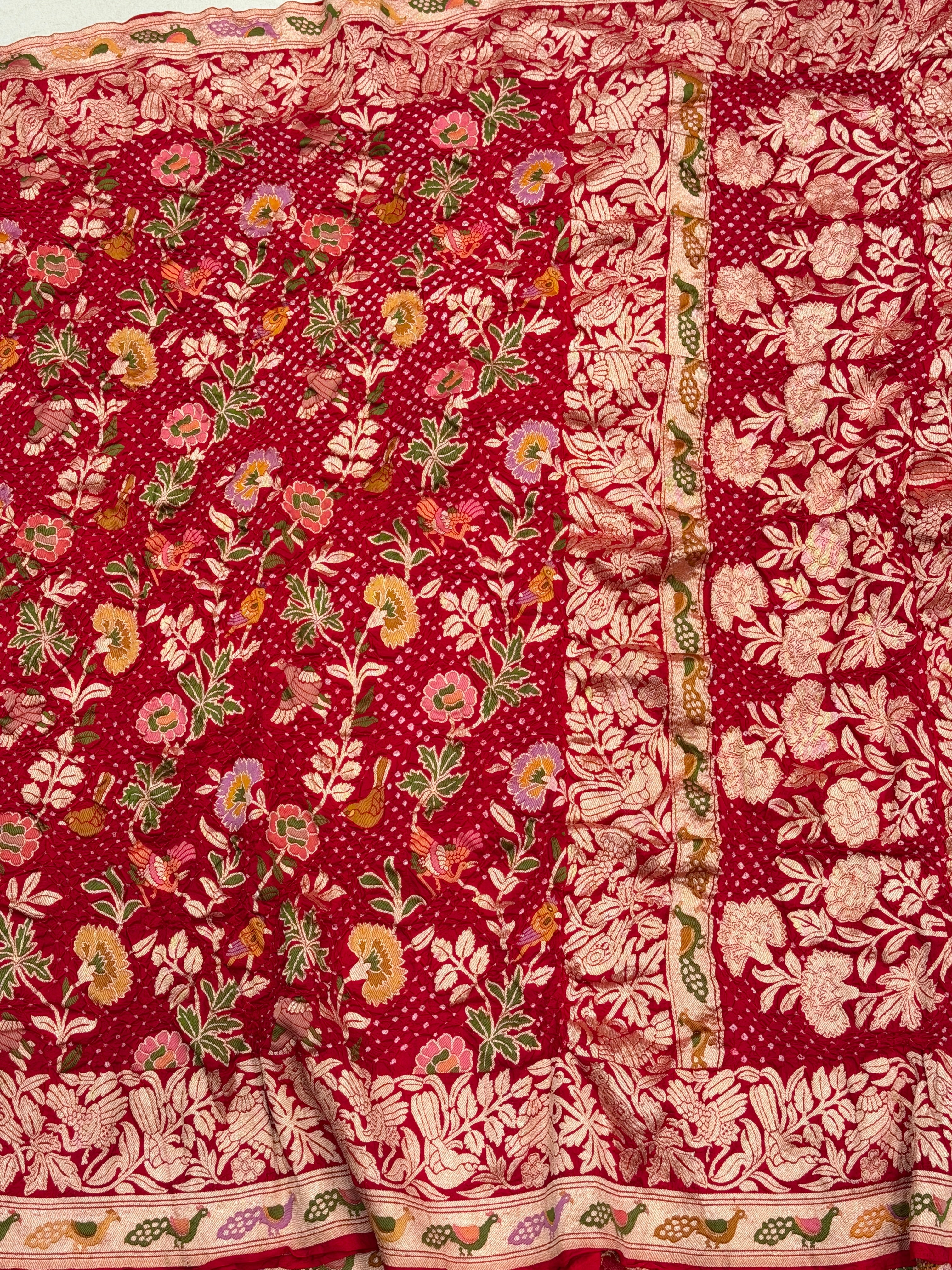Red Meenakari Meenakari Jaal Peacock Motif Pure Handloom Bandhej Georgette Saree