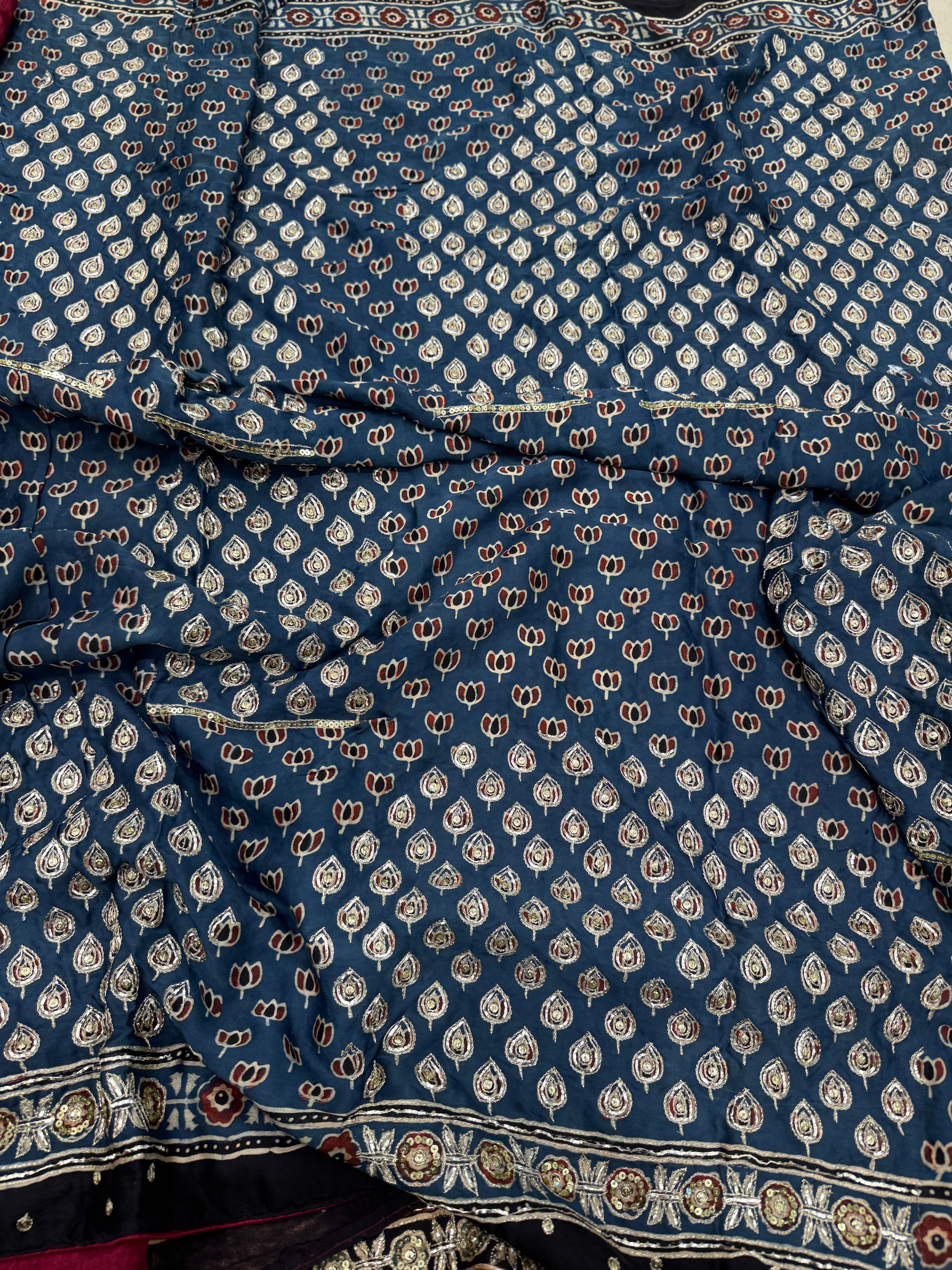 Black Keri Jaal Ajrakh Blue Pallu Hand Embroidery Zardosi and Pita Work