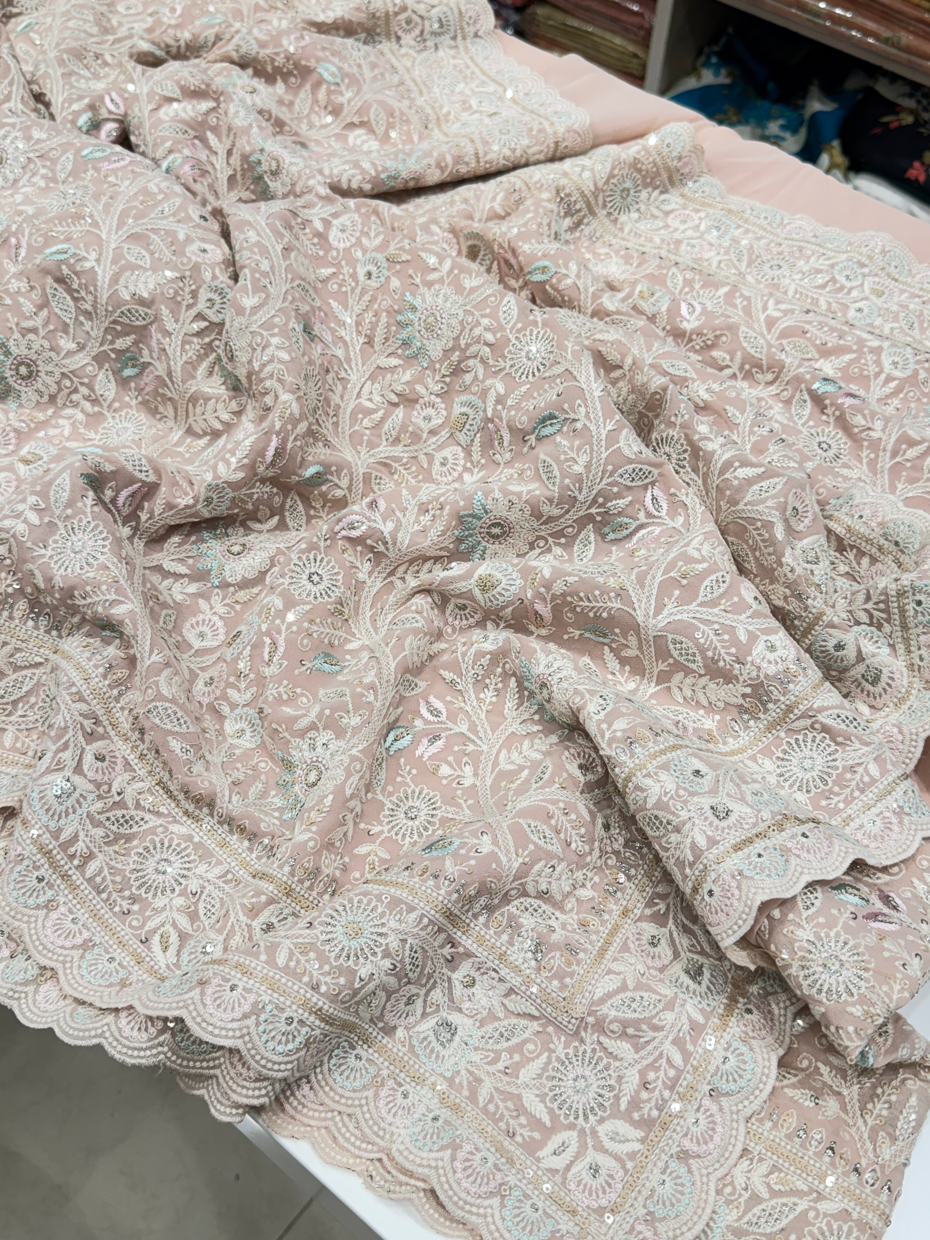 Nude Pink Meenakari Chikankari Scallop Design Saree