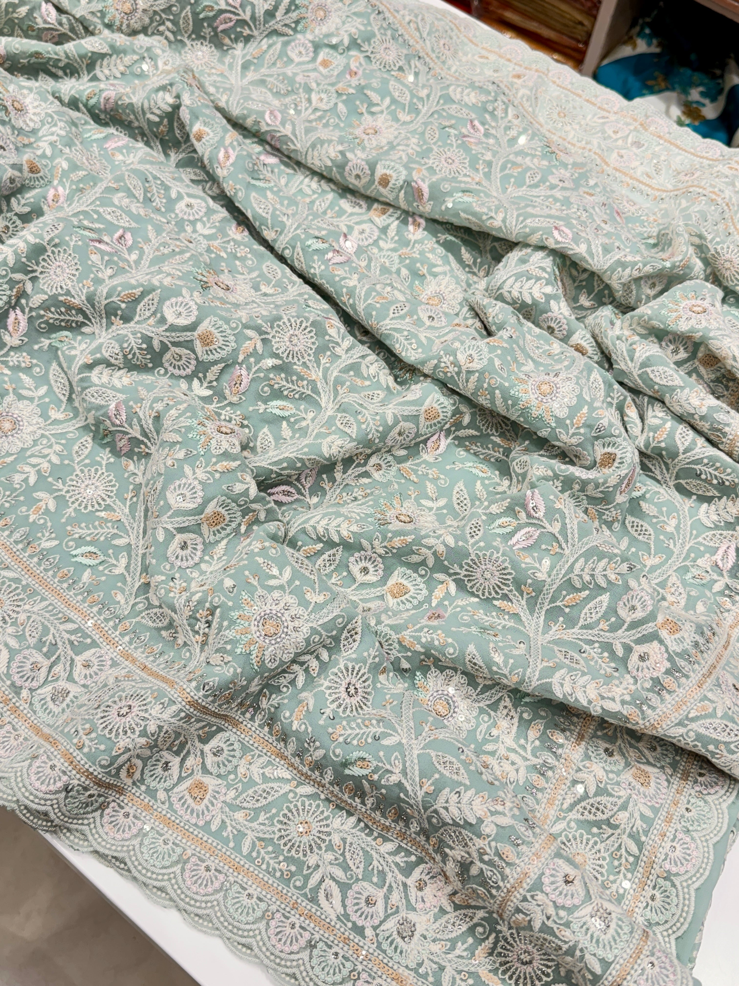 Sea Green Meenakari Chikankari Scallop Design Saree