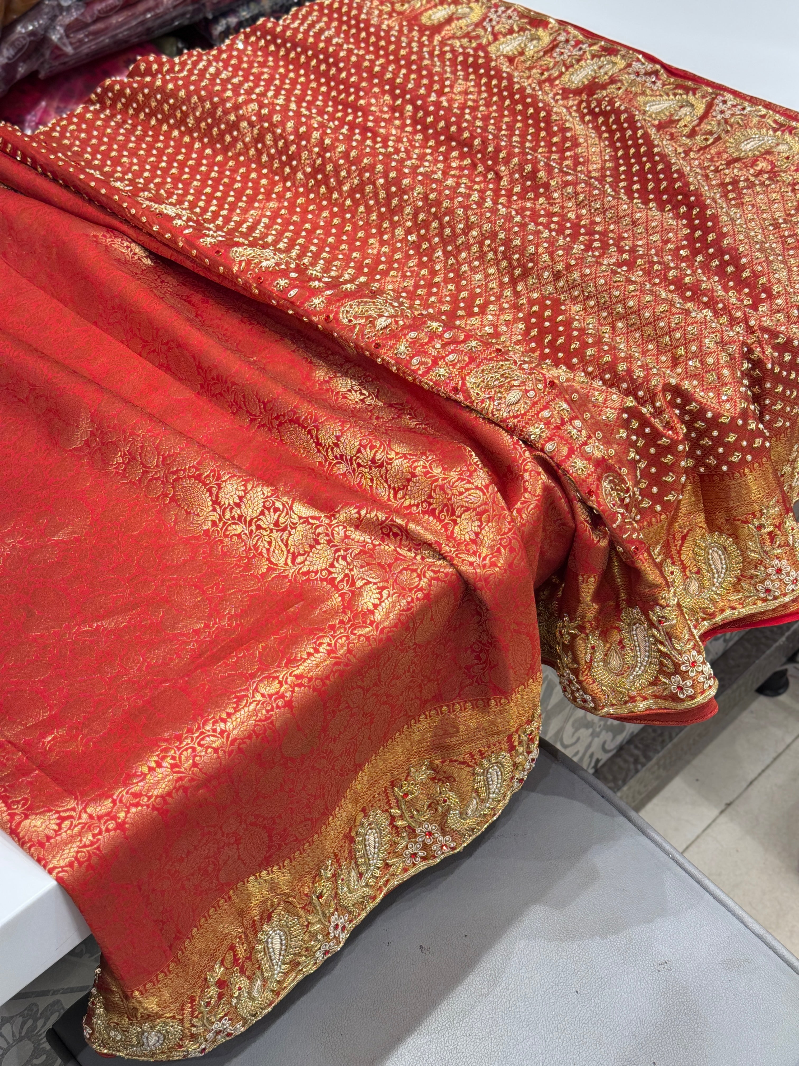 Red Kanjivaram Peacock Motif Zardozi Hand Embroidery Saree