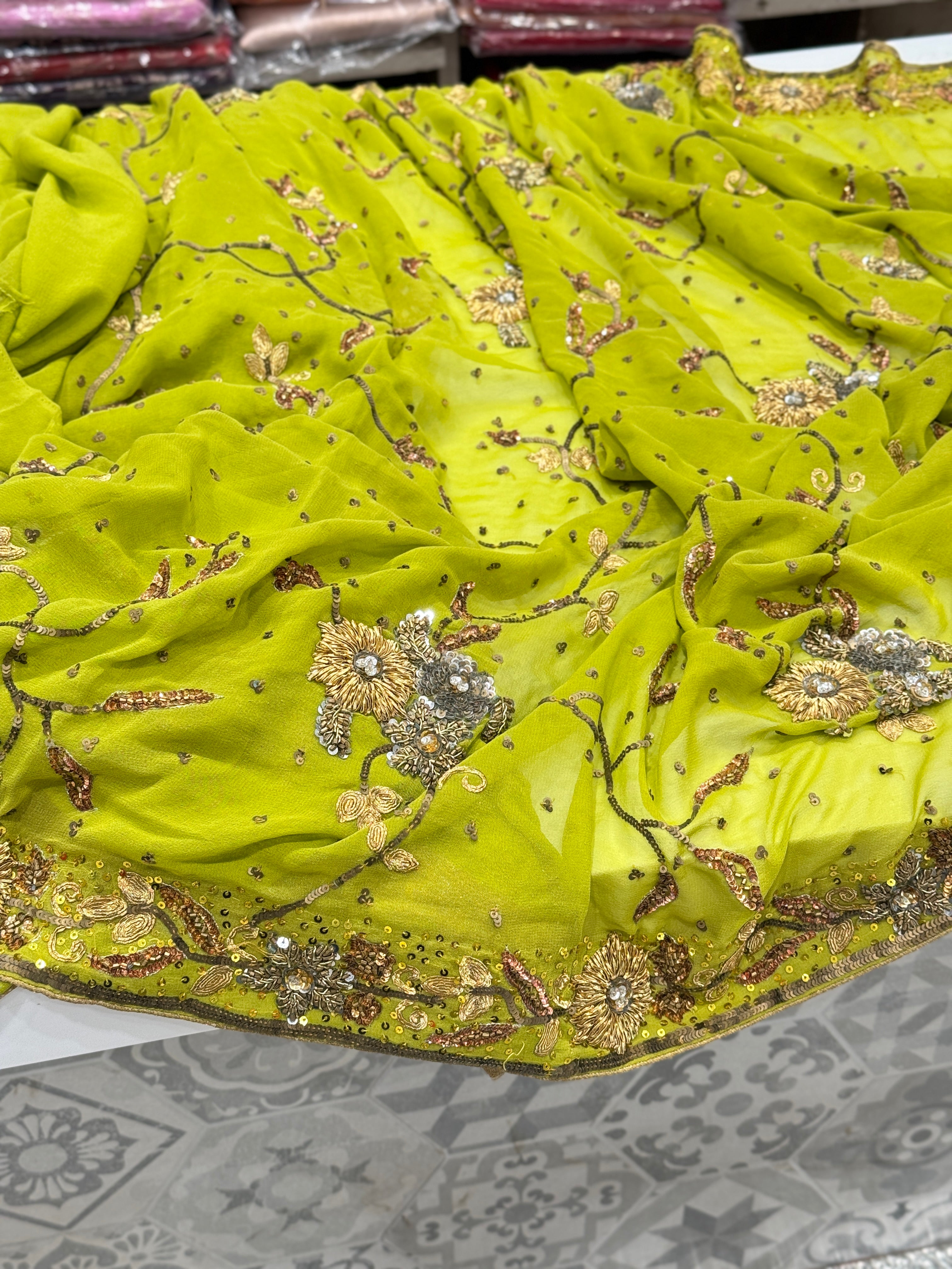 Green Georgette Antique Zardosi Hand Embroidery Saree