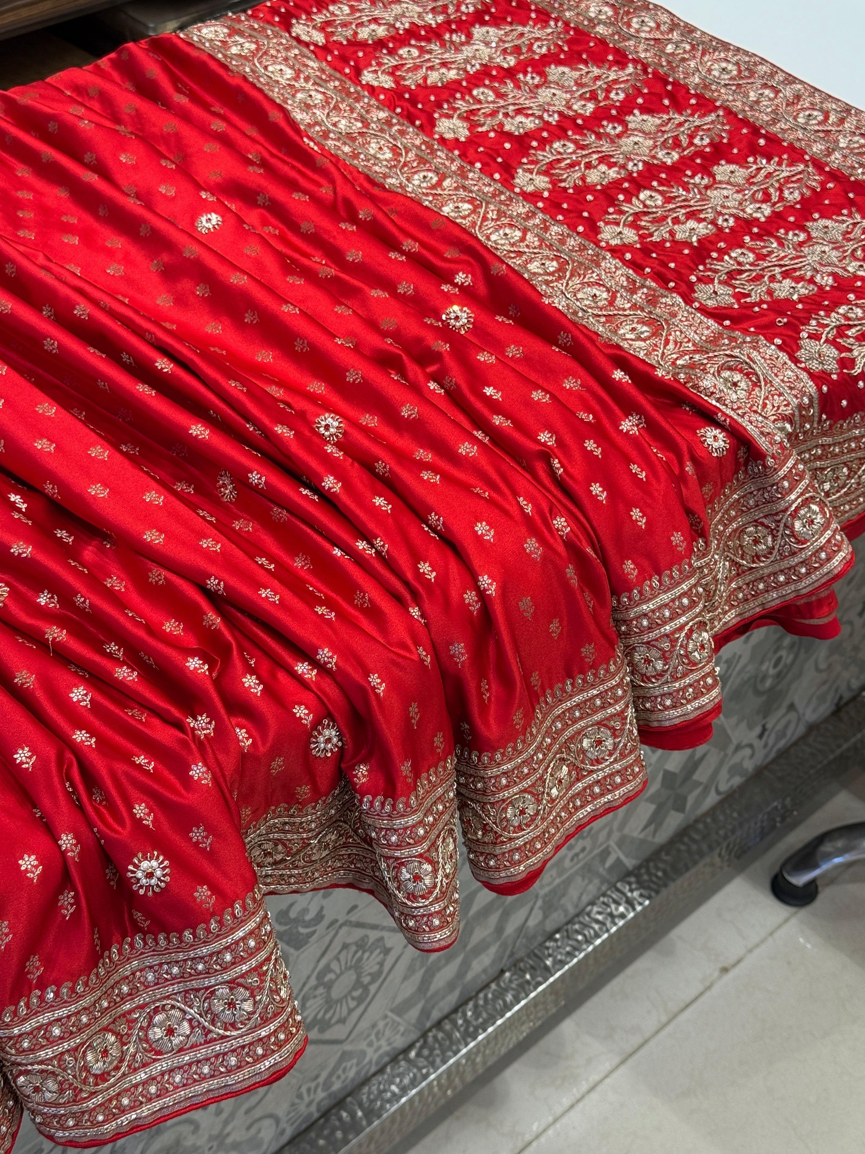 Red Banarasi Silk Small Butti Crystal Zardozi Hand Embroidery Saree