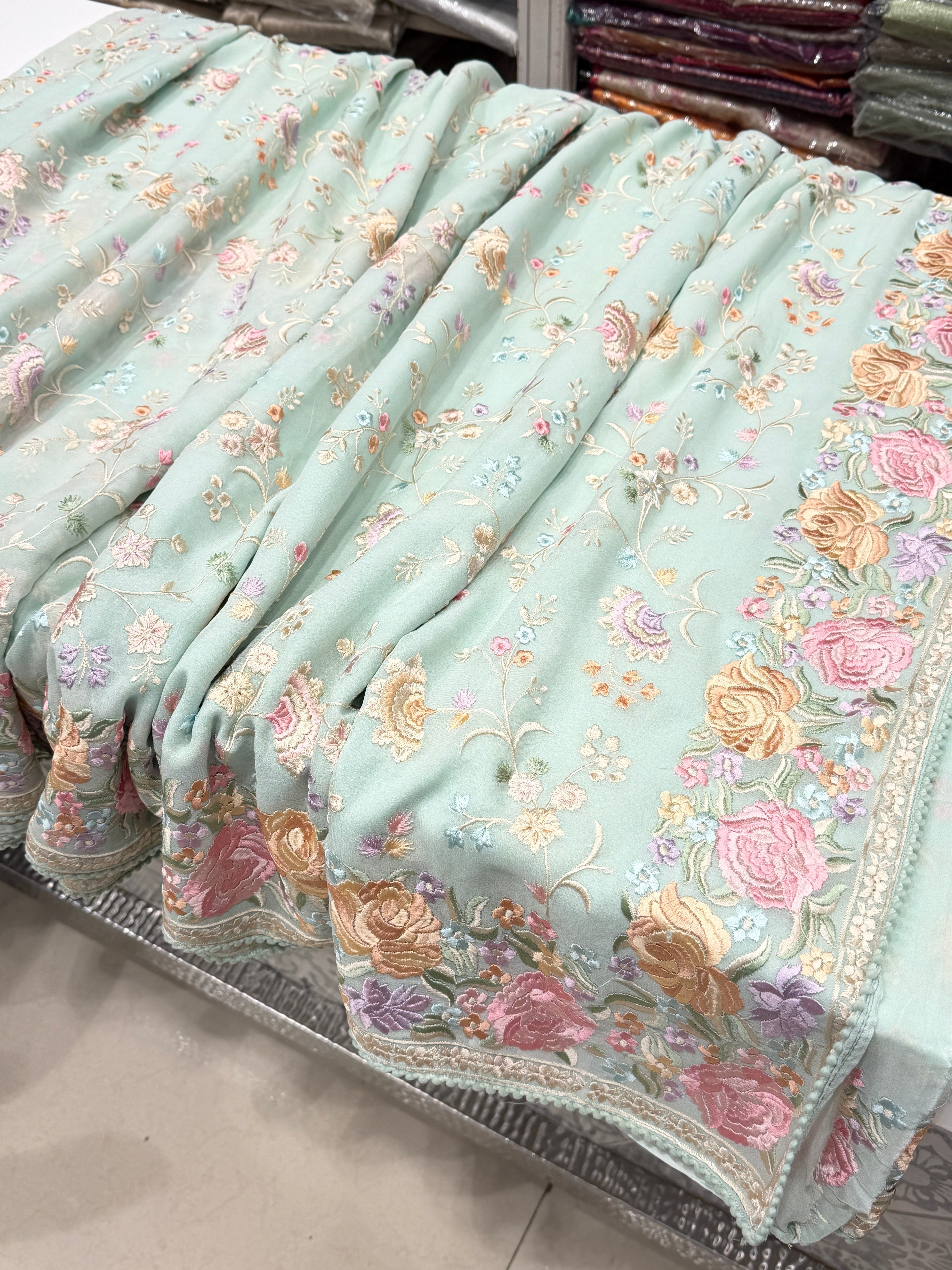 Sea Green Jaal Georgette Multi Colour Parsi Gara Saree