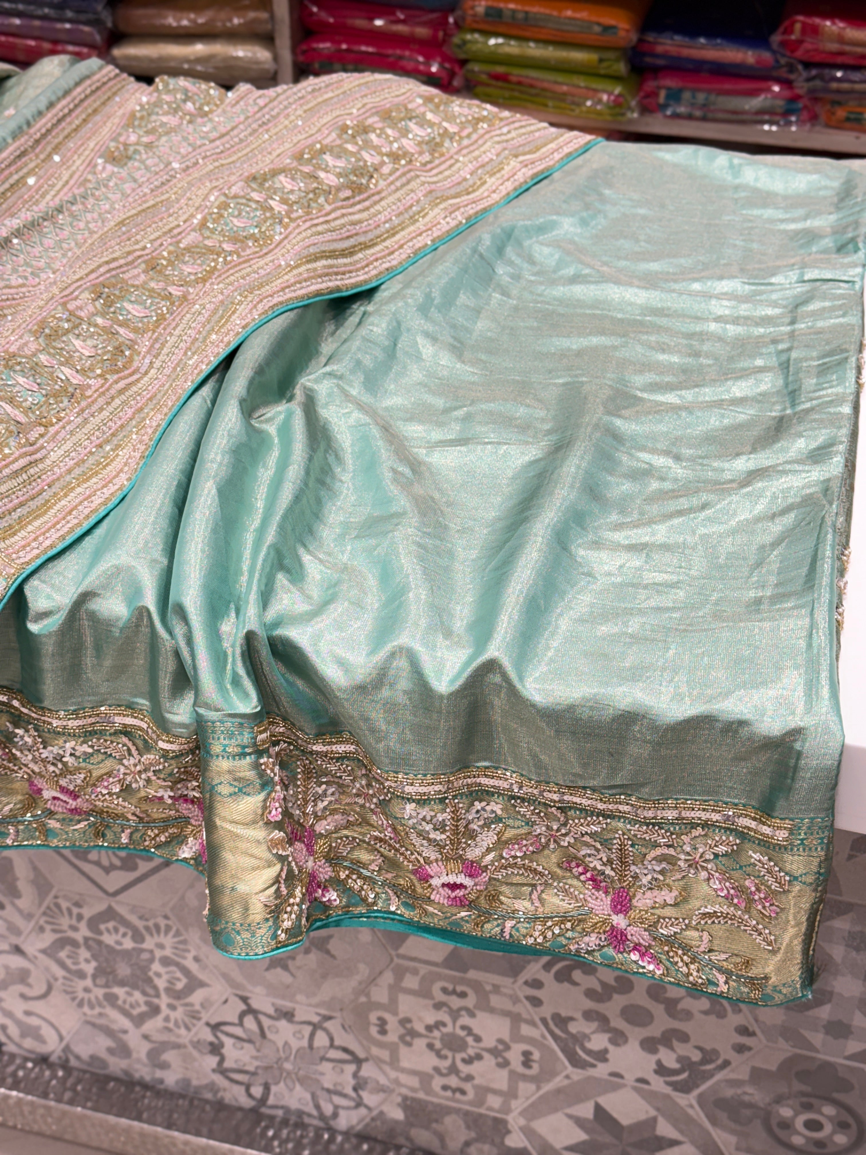 Green Tissue Kanjivaram with Moti Zardosi Hand Embroidery Saree