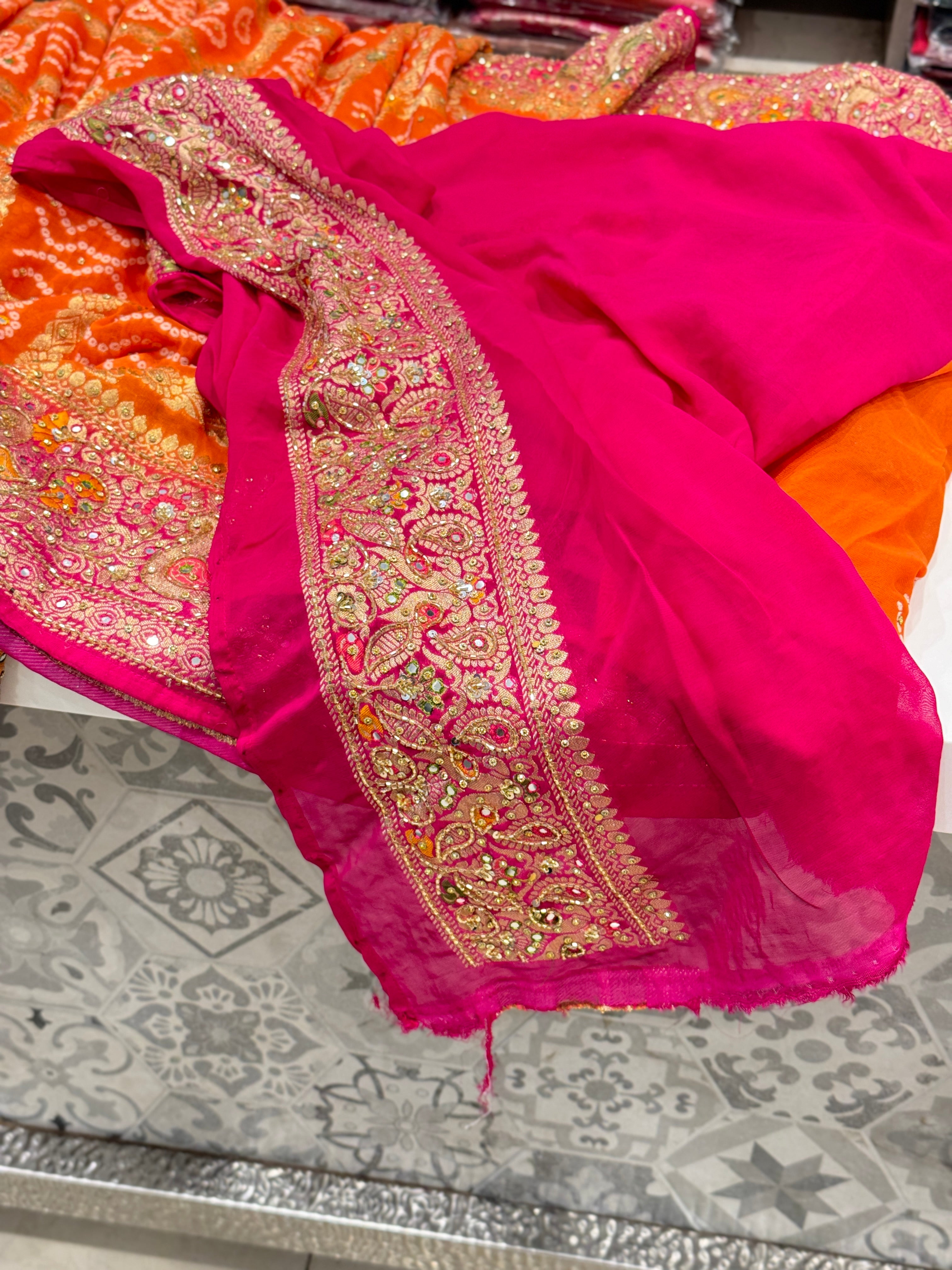 Orange Rani Gharchola Embroidery Saree