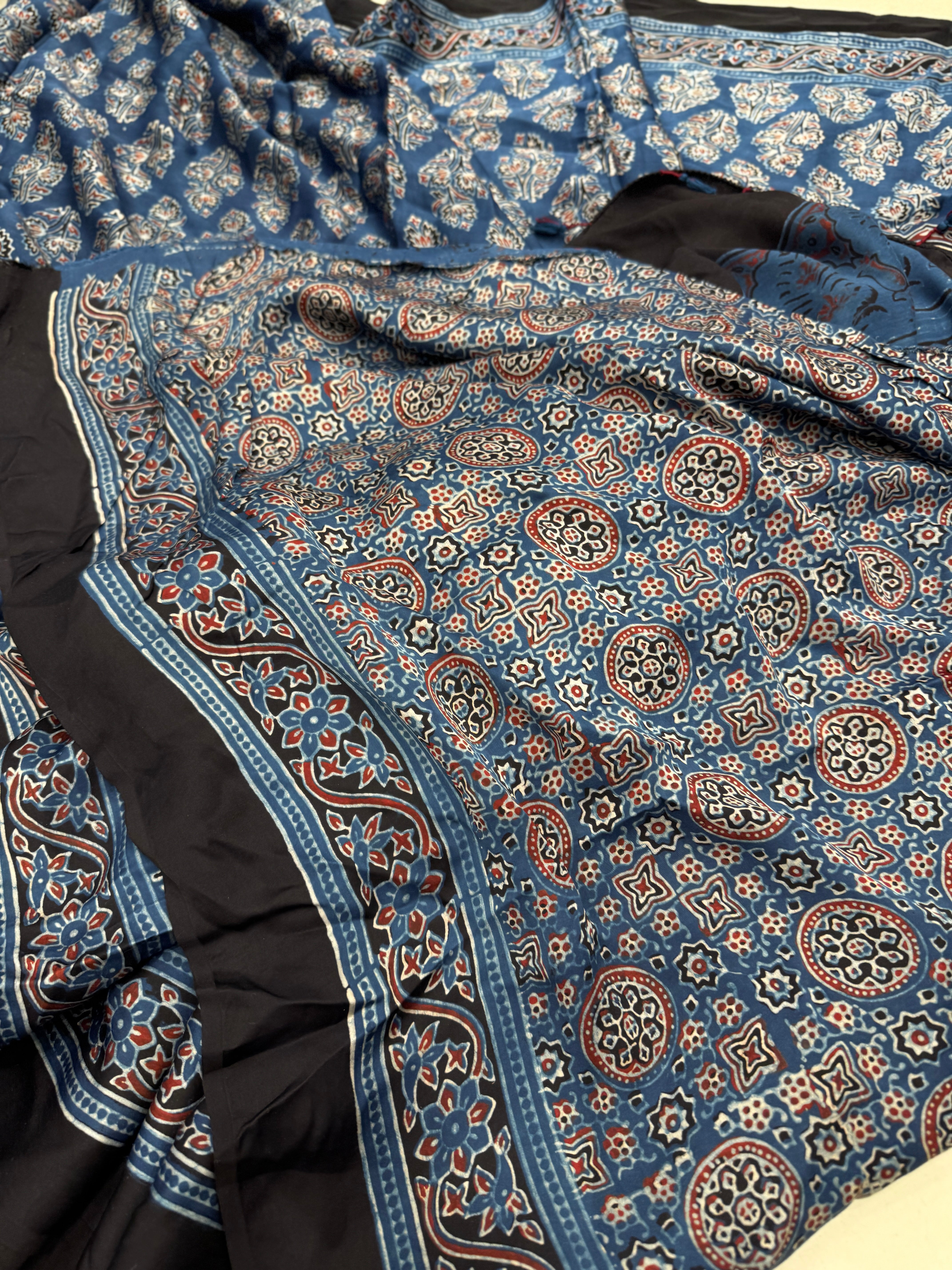 Blue Tree Butta Ajrakh Hand Block Print Pure Gajji Silk Saree