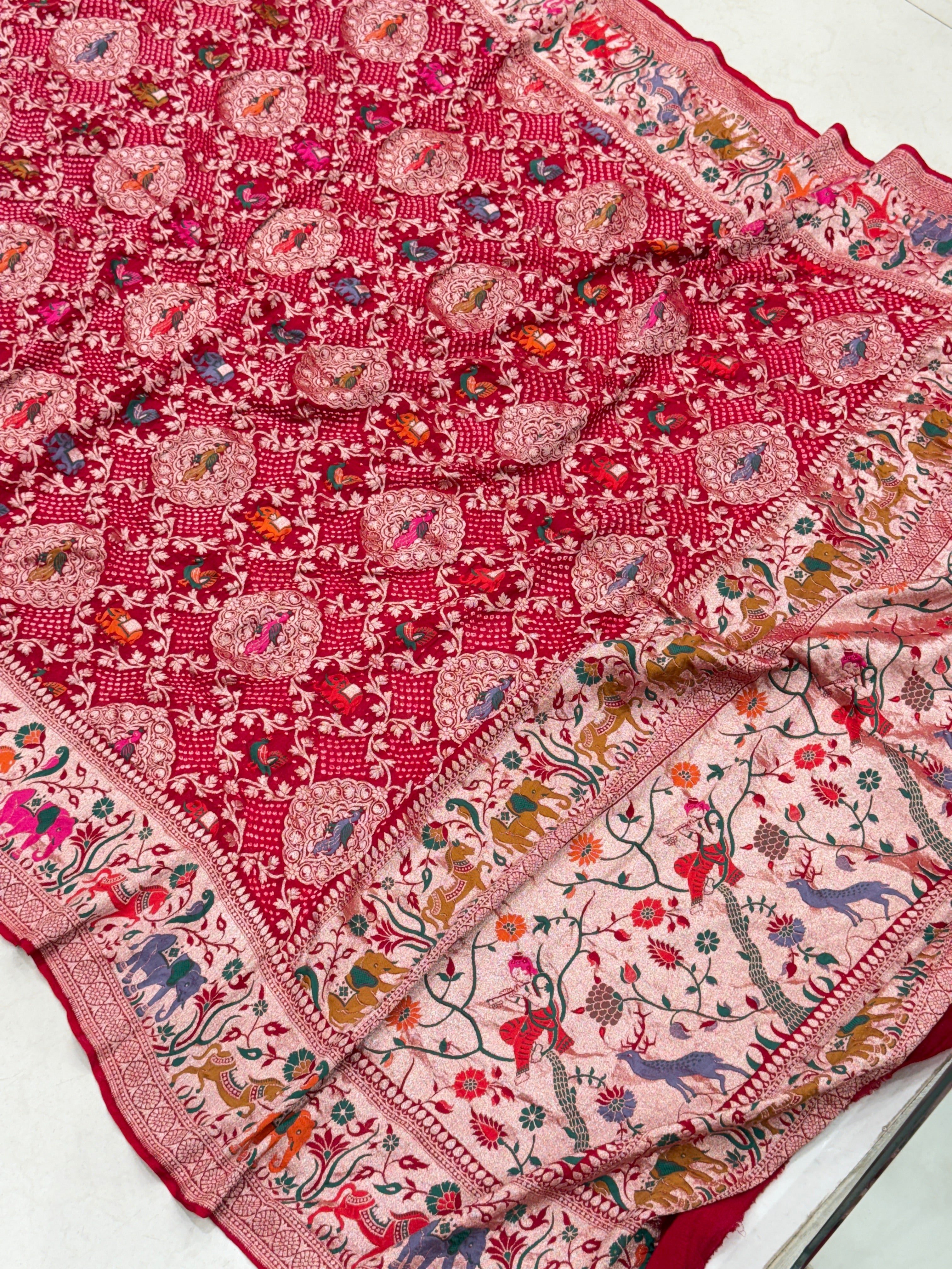 Red Handloom Meenakari Rai Bandhej Pure Zari Dupatta