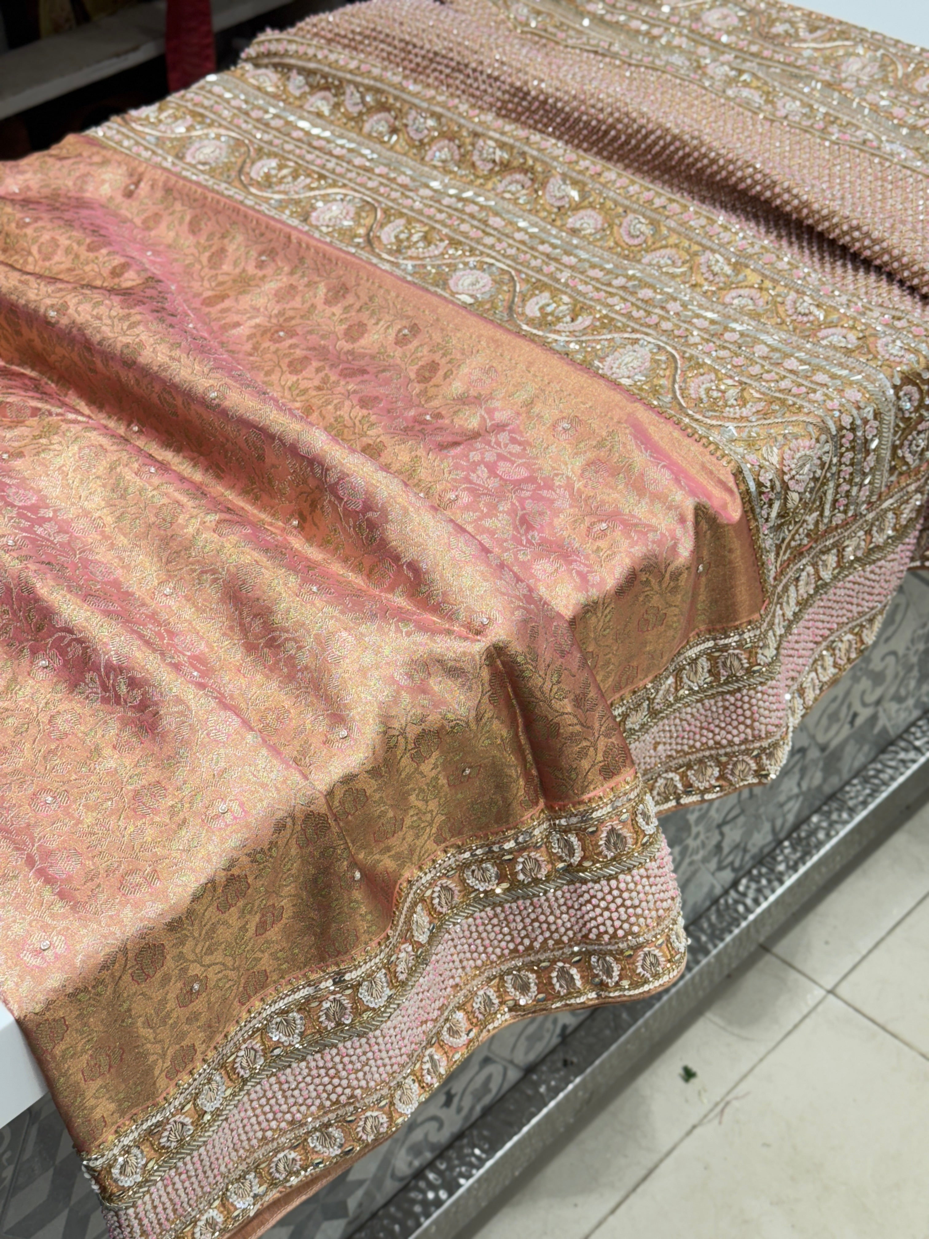 Pink Jaal Tissue Kanjivaram Hand Embroidery Saree