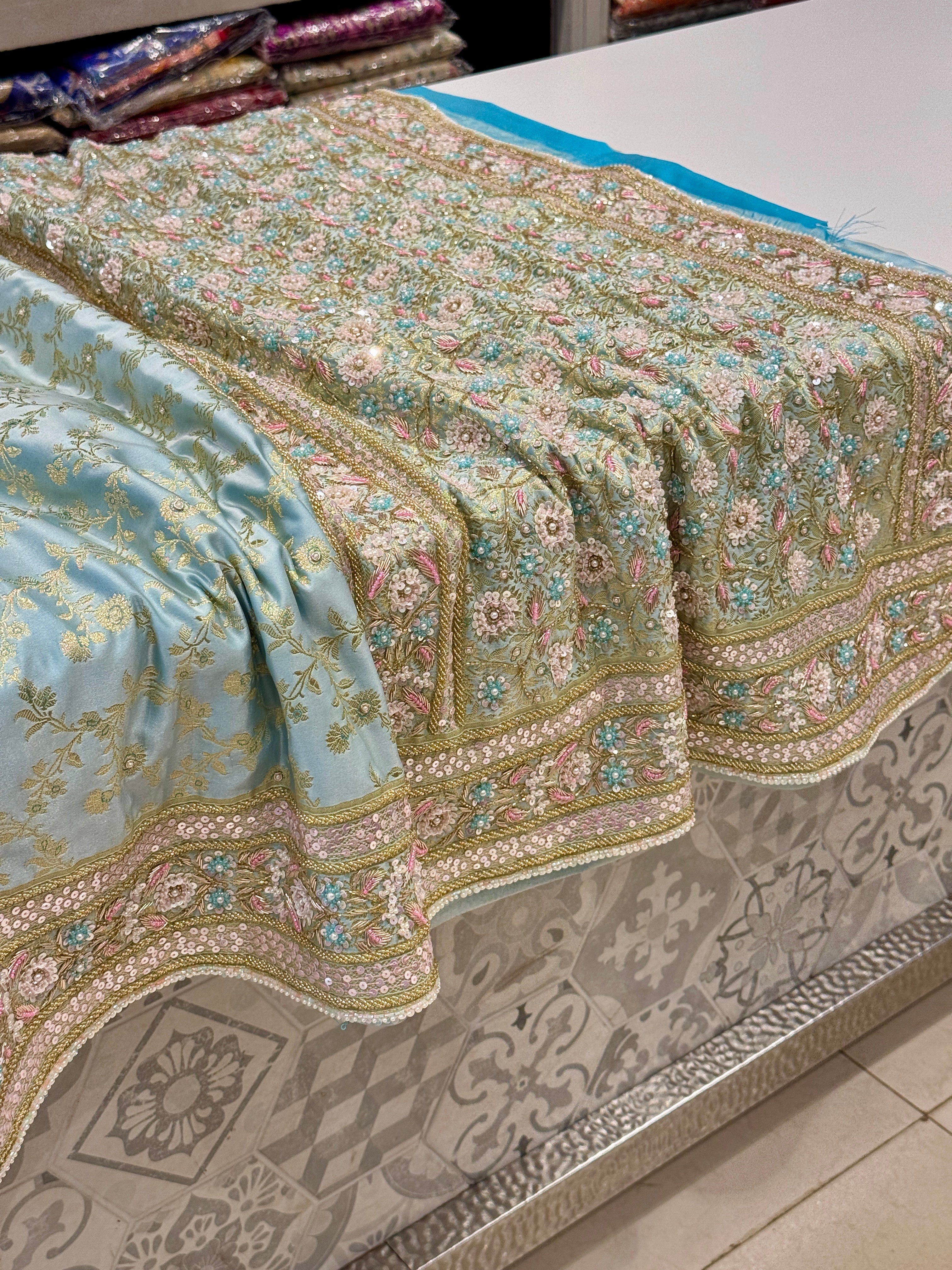 Light Blue Banarasi Flower Border Moti Hand Embroidery Saree