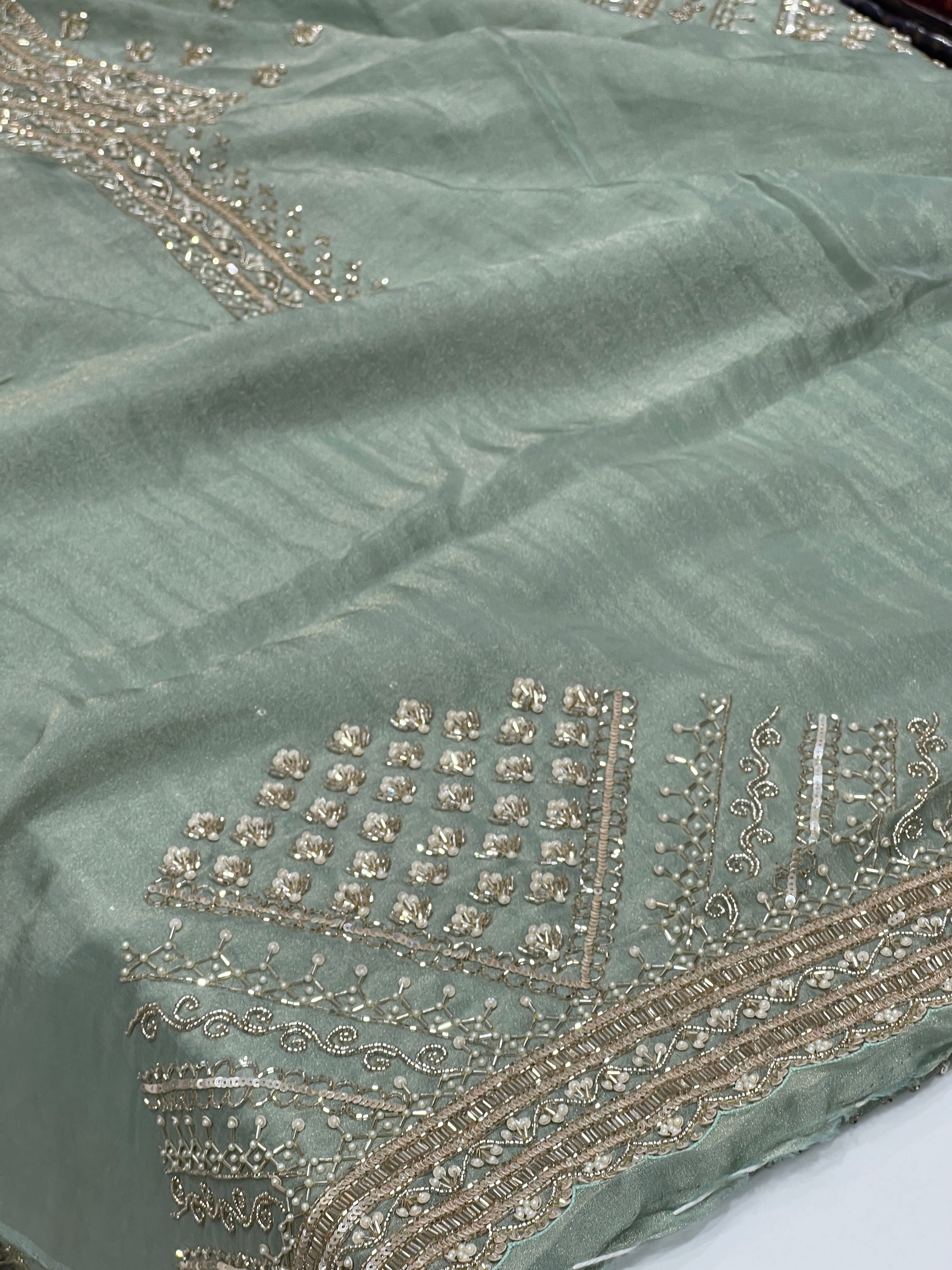 Green Crepe Tissue Moti Hand Embroidery Saree