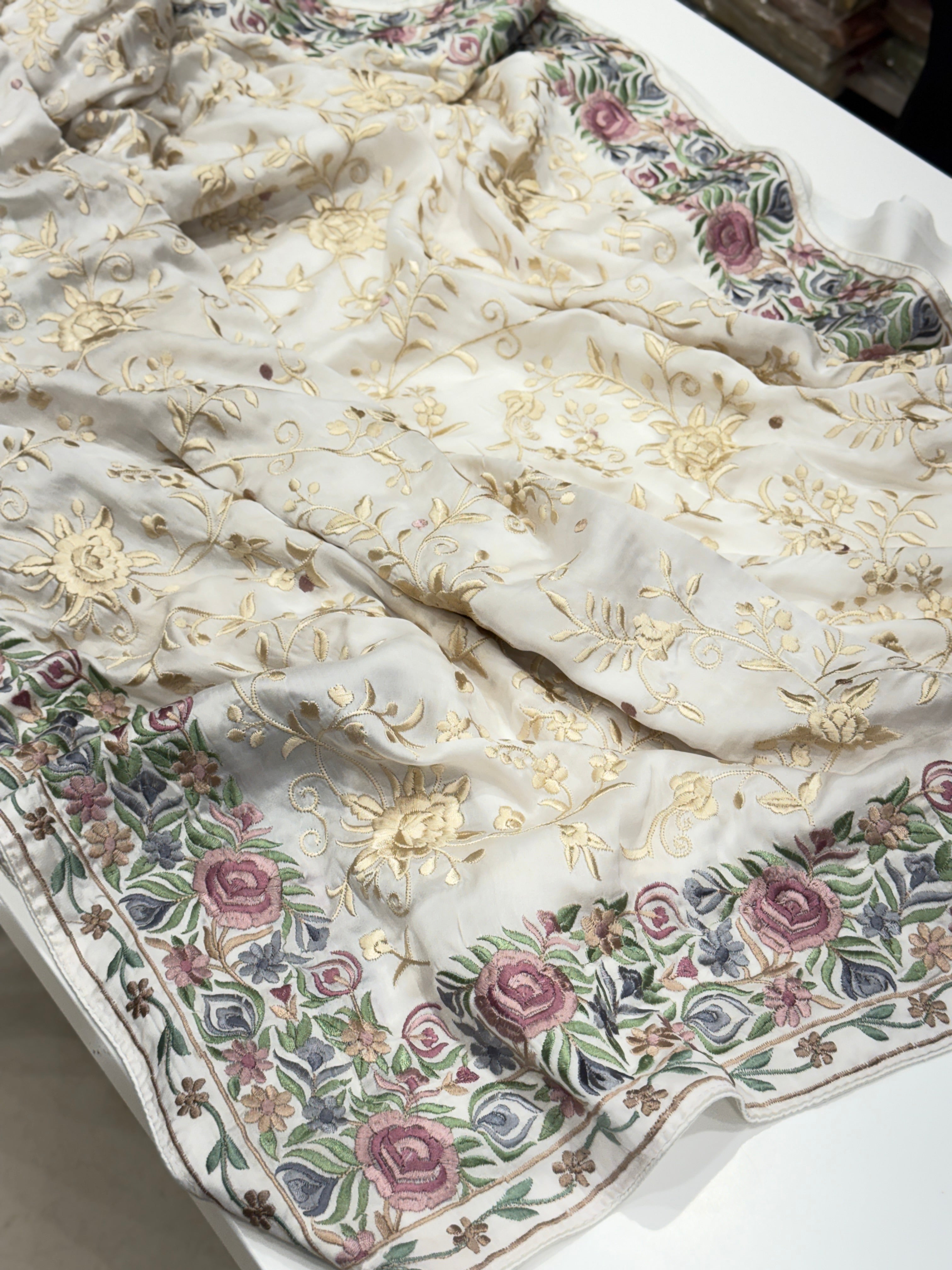 White Georgette Multi Colour Jaal Parsi Gara Saree