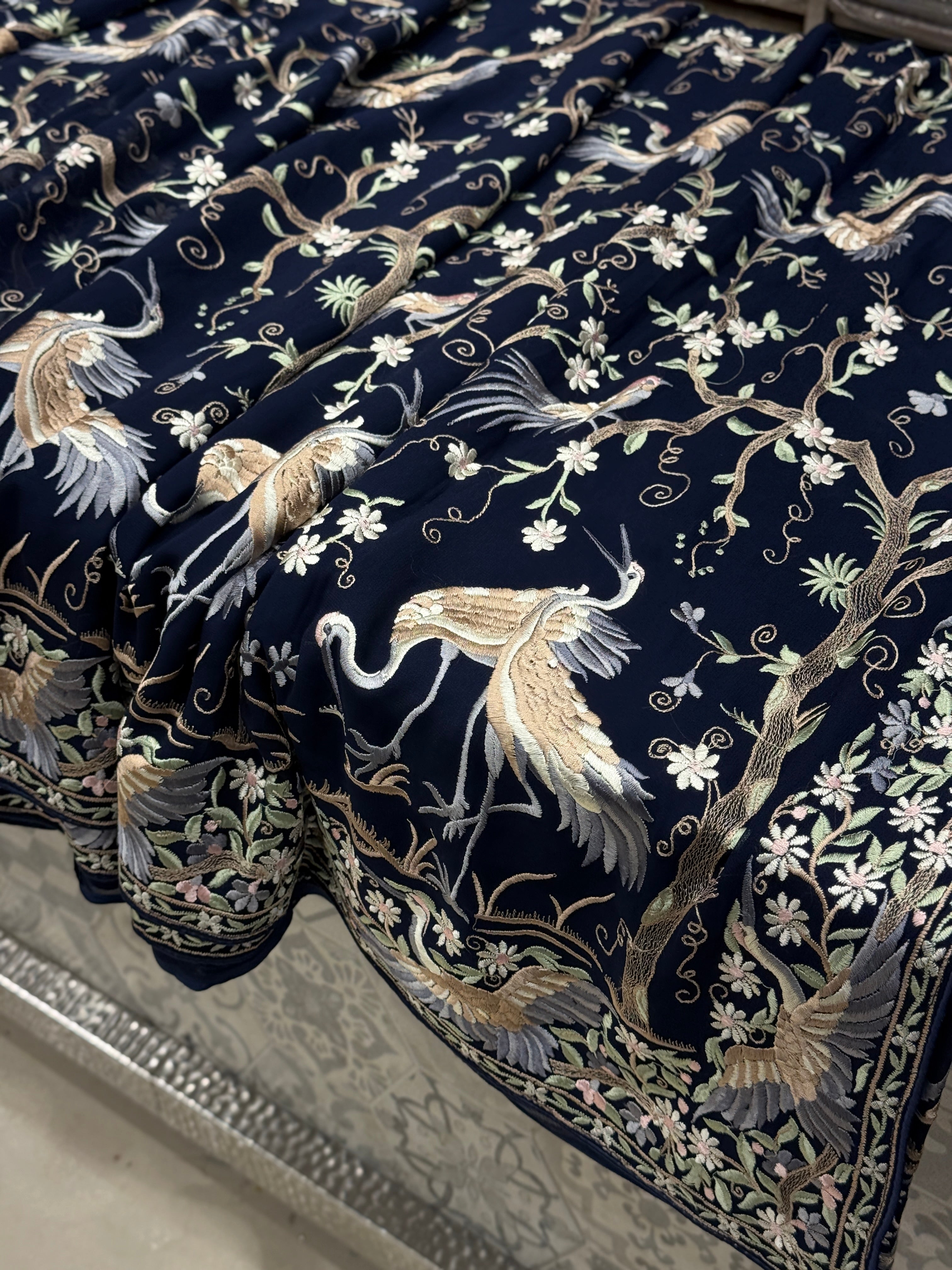 Blue Tree Of Life Flamingo Parsi Gara Saree