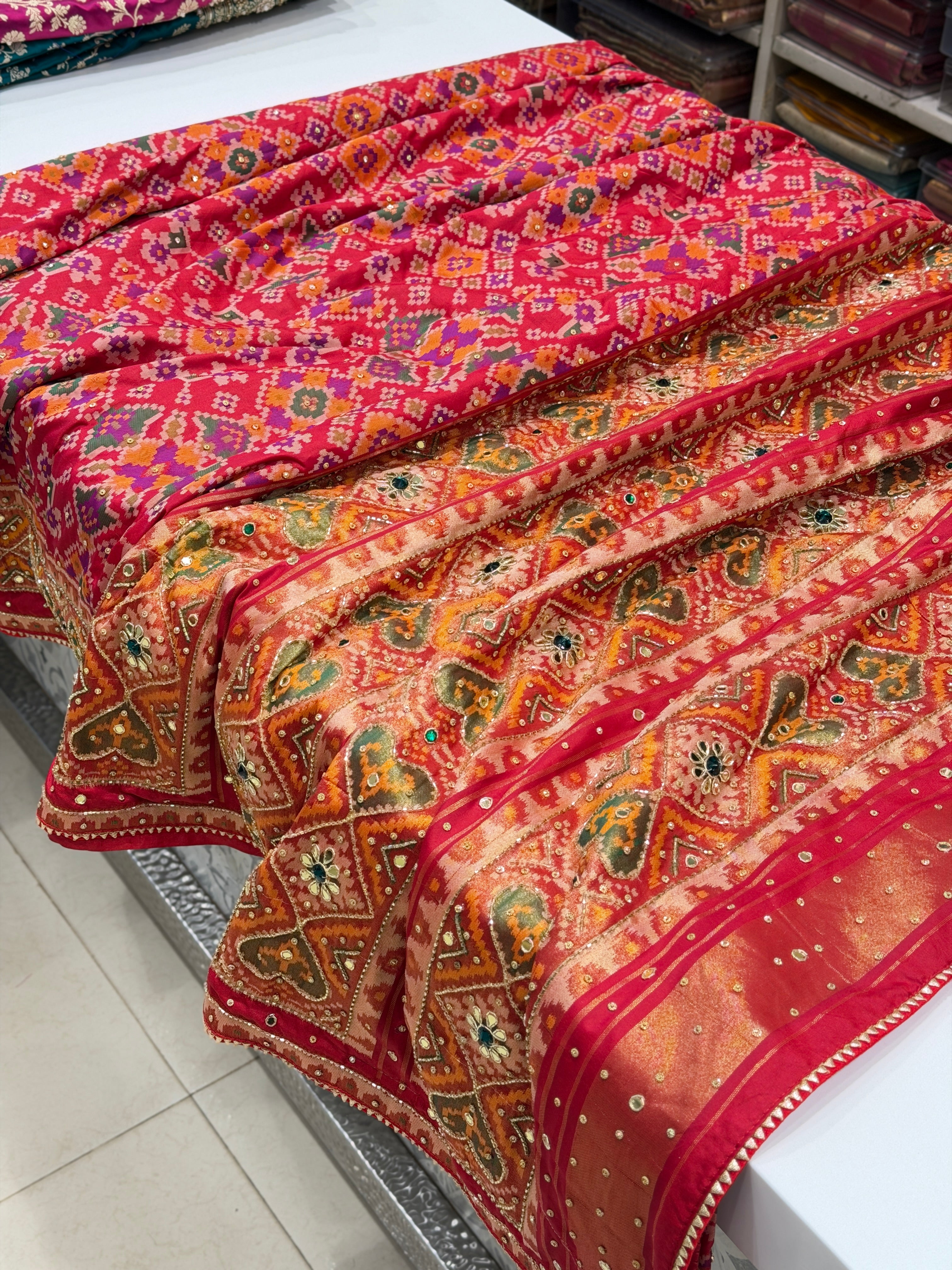 Red Patola Crystal Hand Embroidery Saree