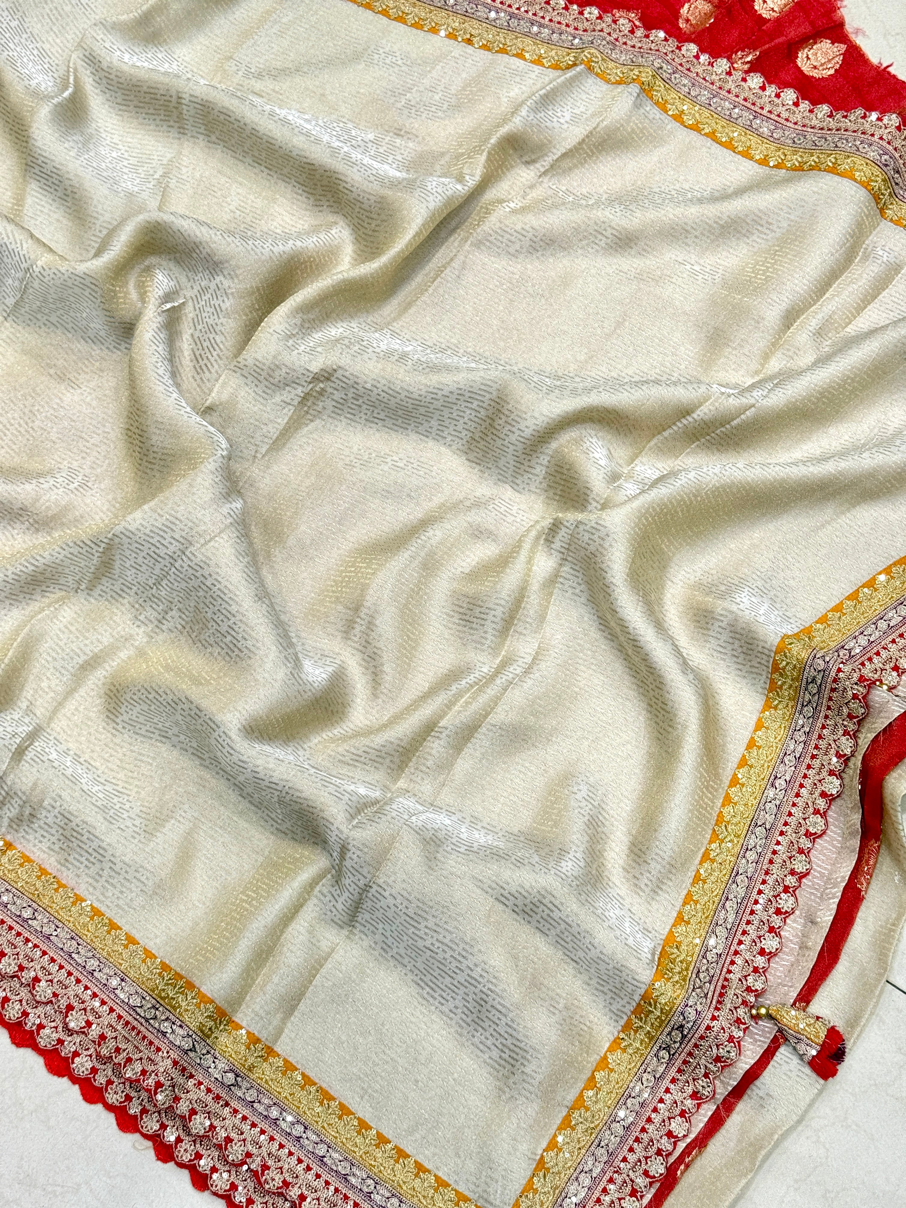 Crepe Tissue Weaved Contemporary Sabyasachi Inspired Red Border Saree