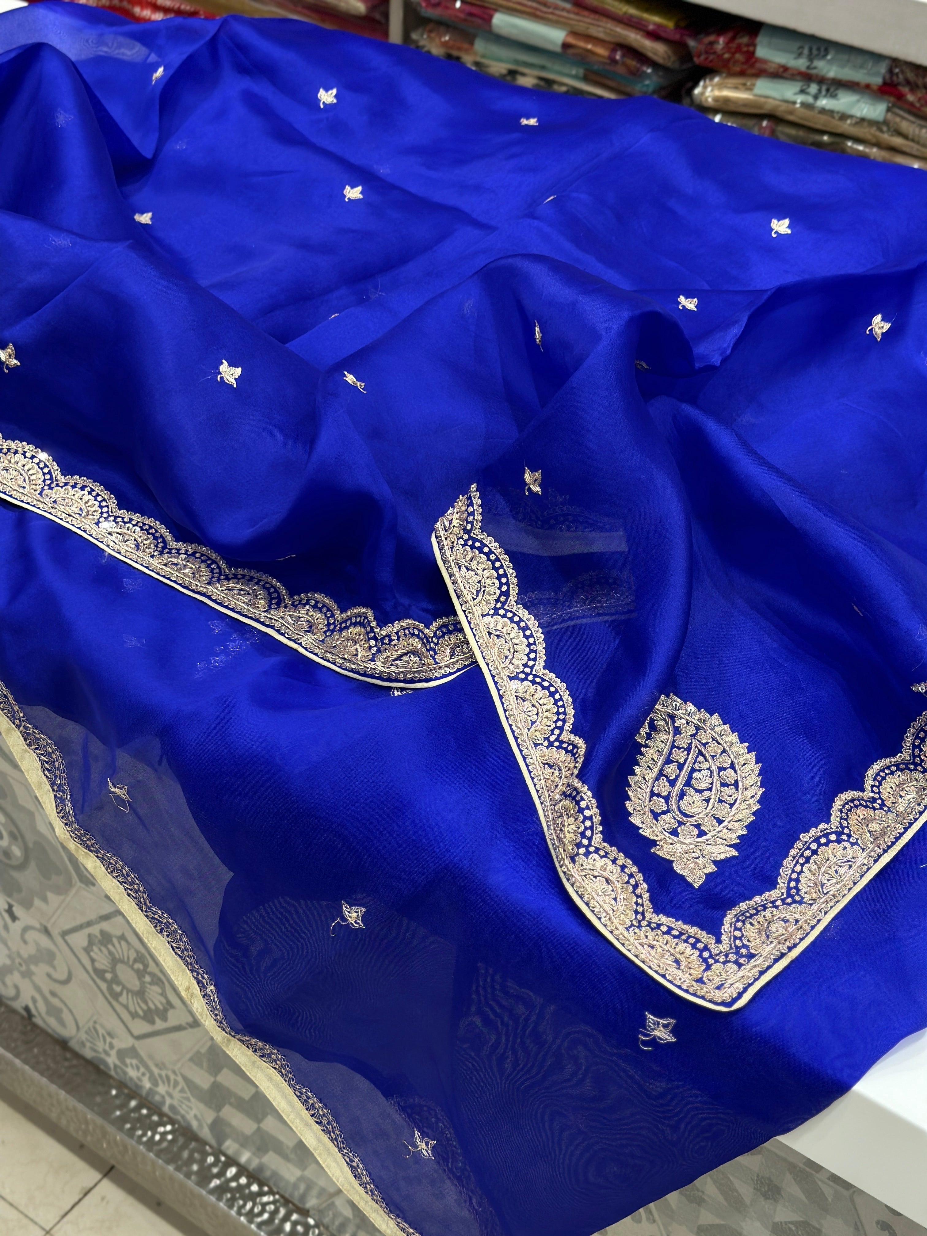 Blue Pure Organza Zardosi Saree