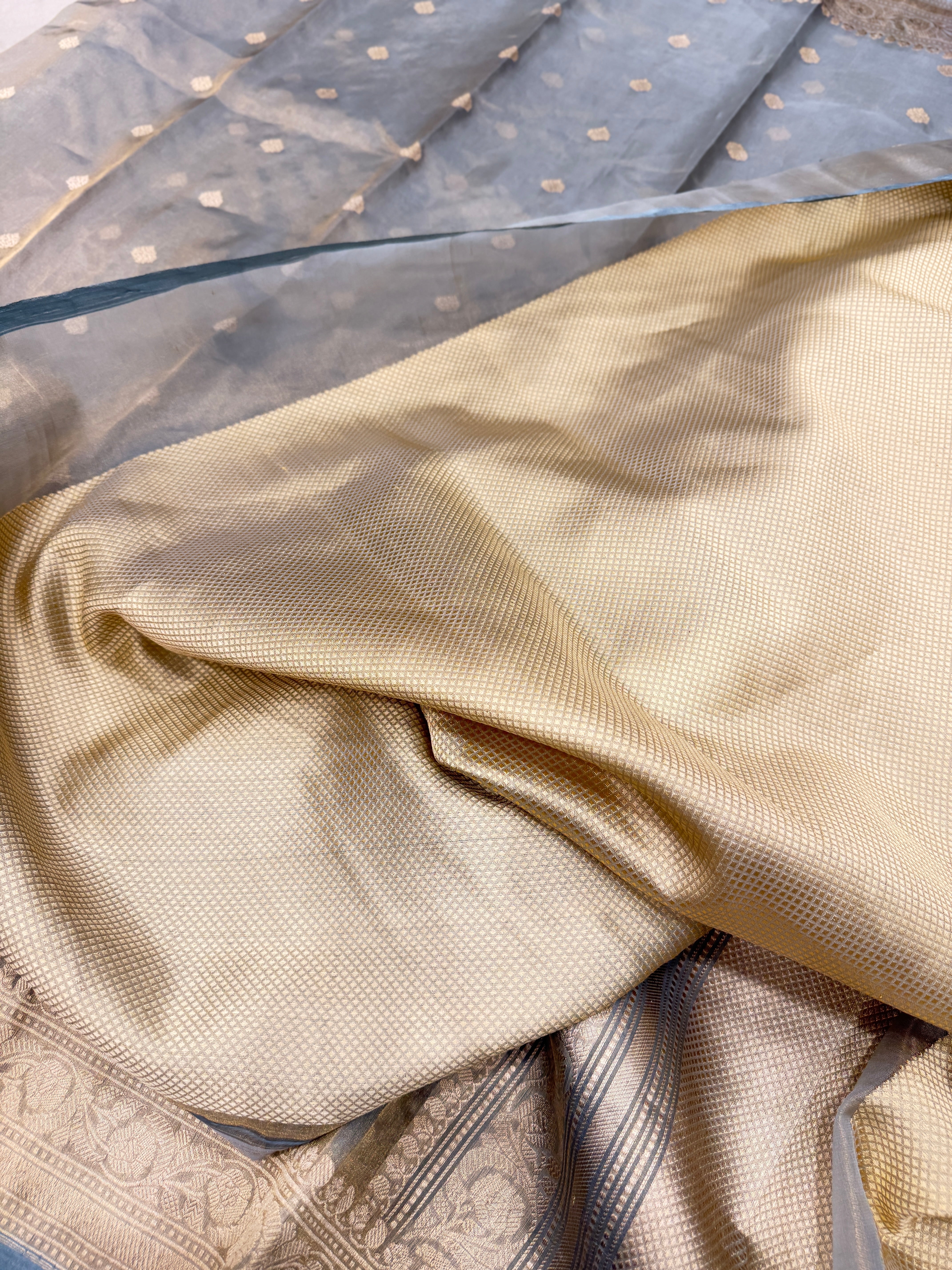 Cement Blue Handloom Banarasi Tissue Kadwa Buttis Saree