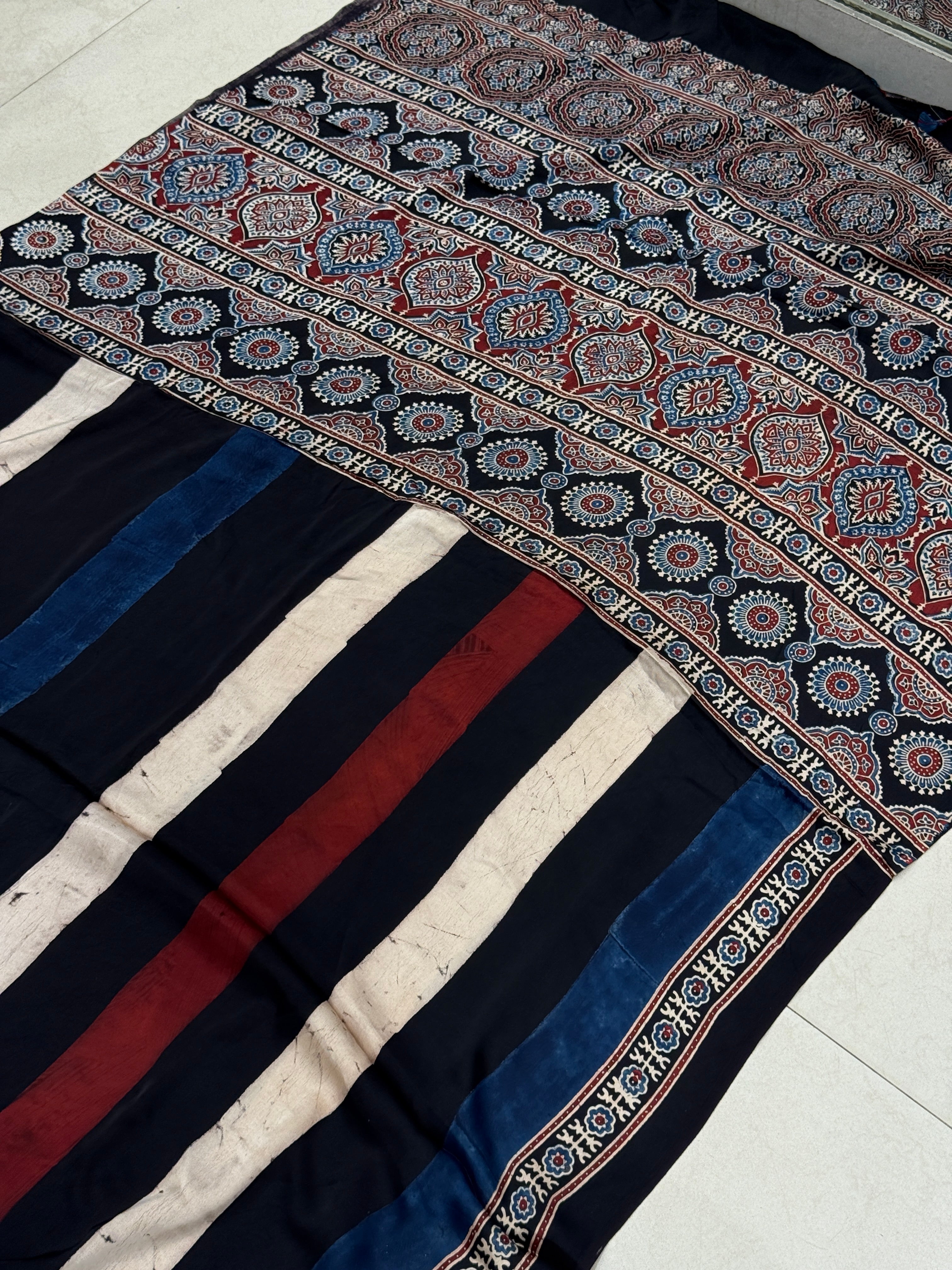 Black Contemporary Line Modal Silk Ajrakh Sareee