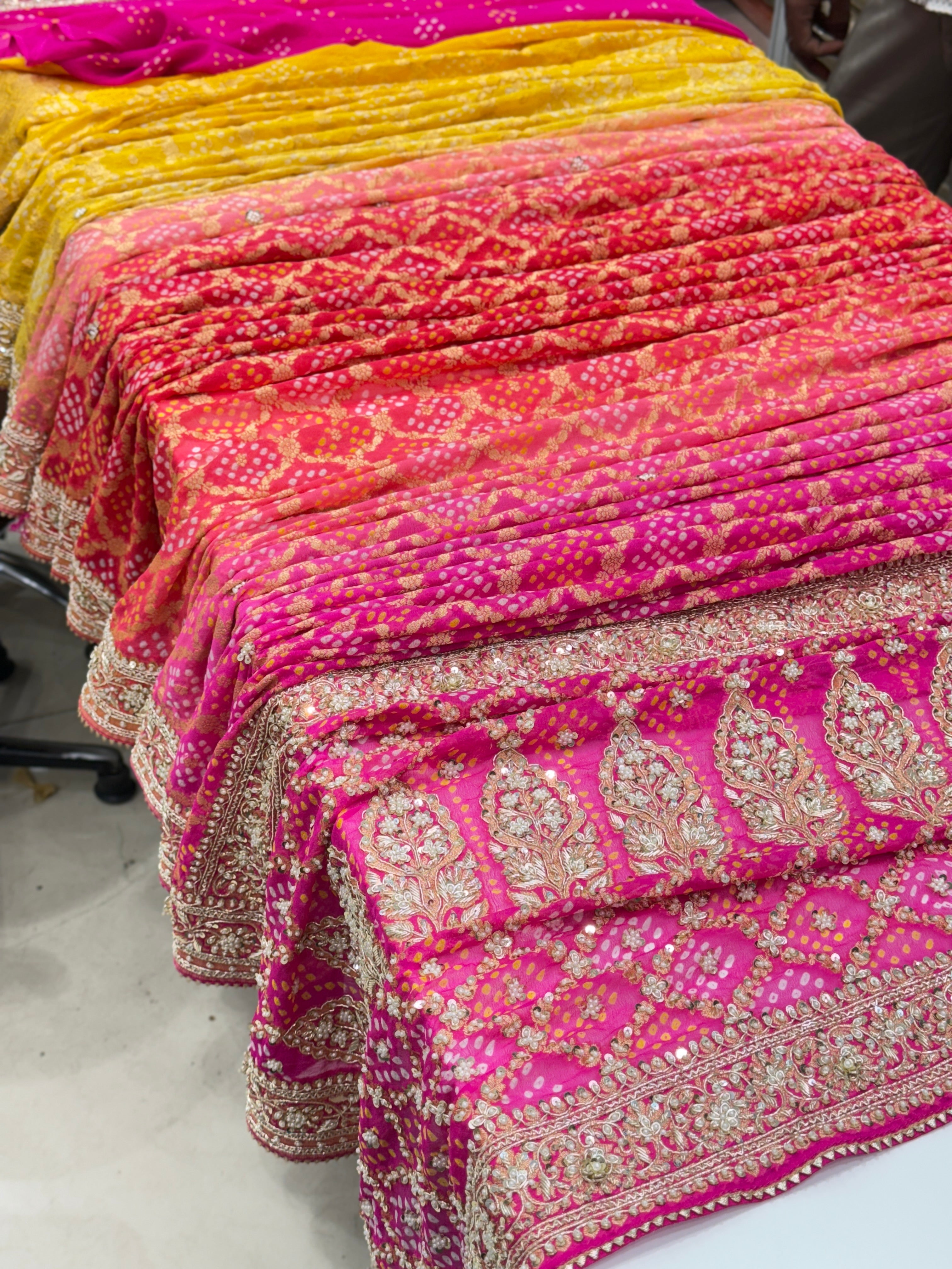 Six Colour Shaded Hand Embroidery Bandhej Saree