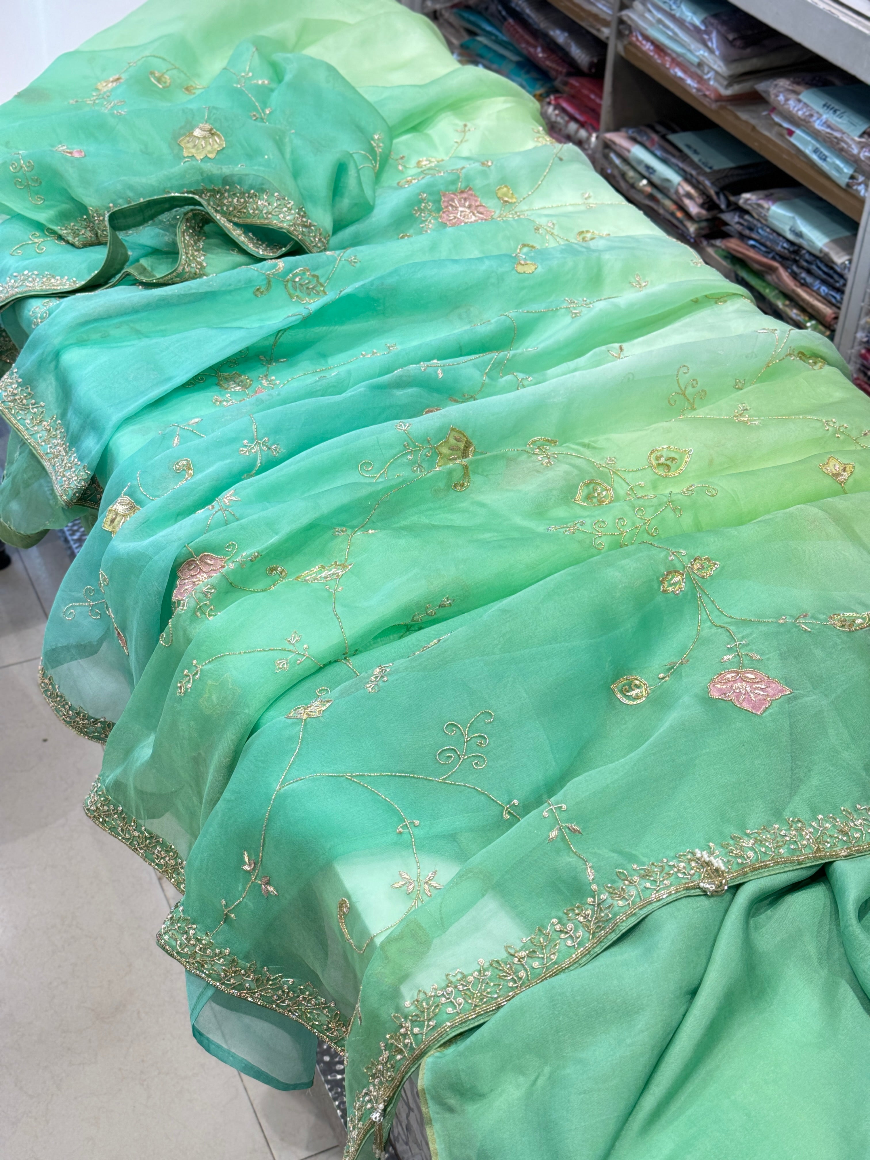 Green Shaded Organza Hand Embroidery Saree