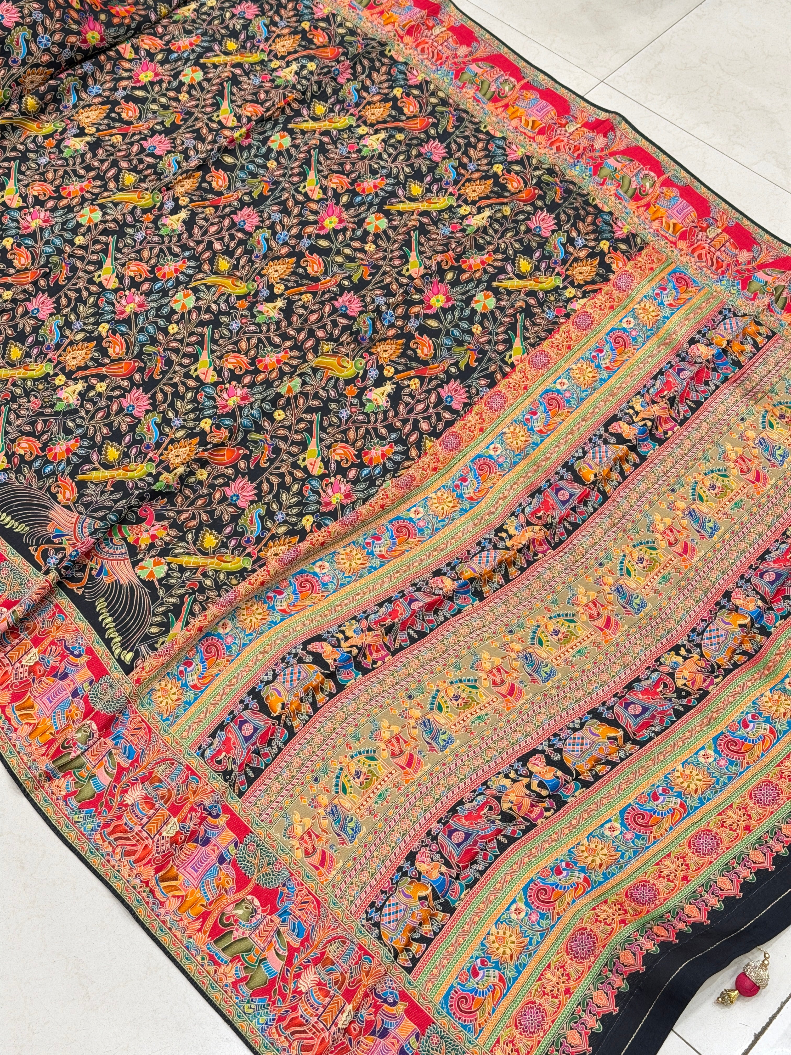 Black Weaved Pashmina Style Multi Colour Saree