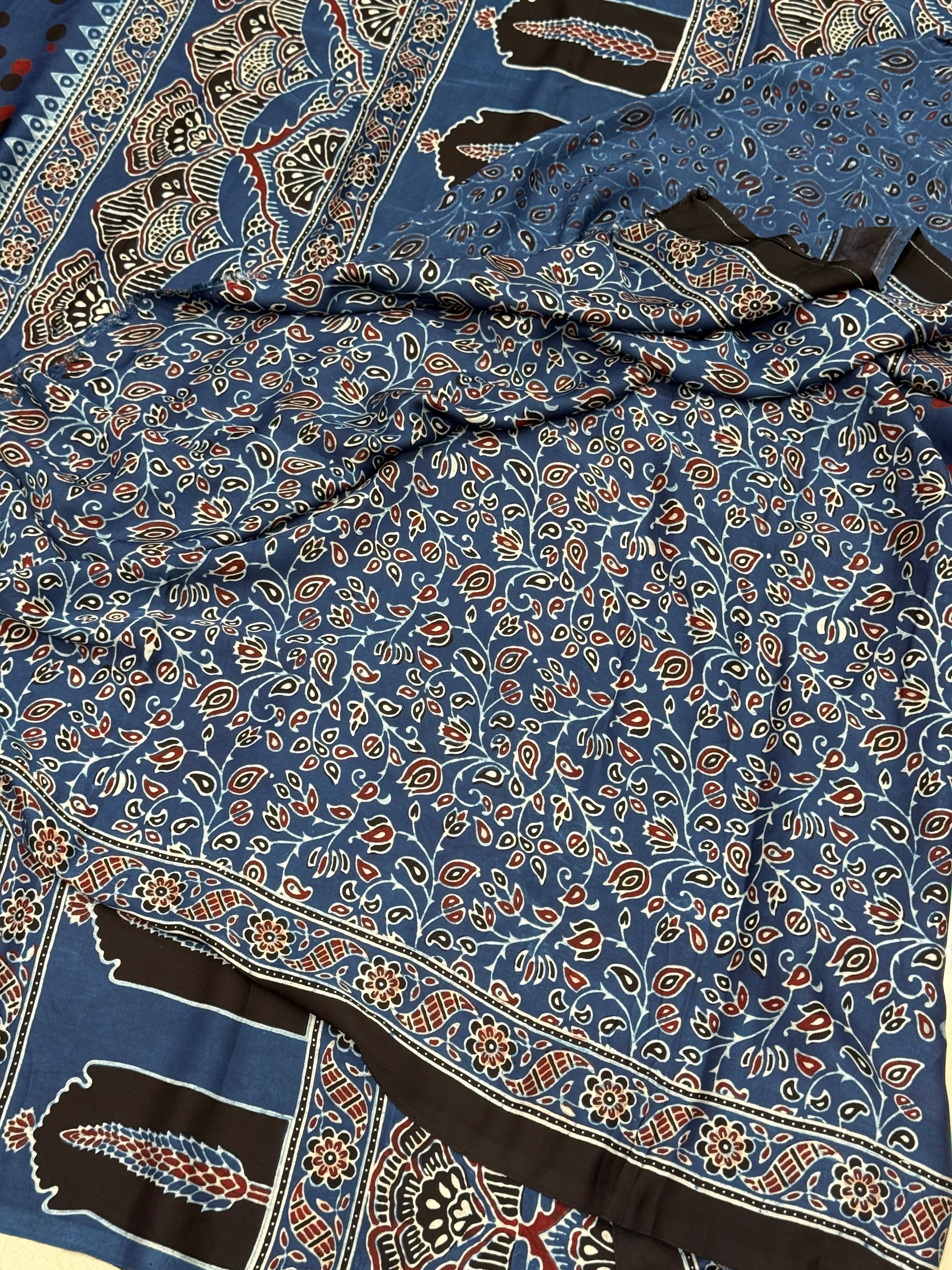 Blue Polka Dots Ajrakh Block Print Hand Pure Gajji Silk Saree