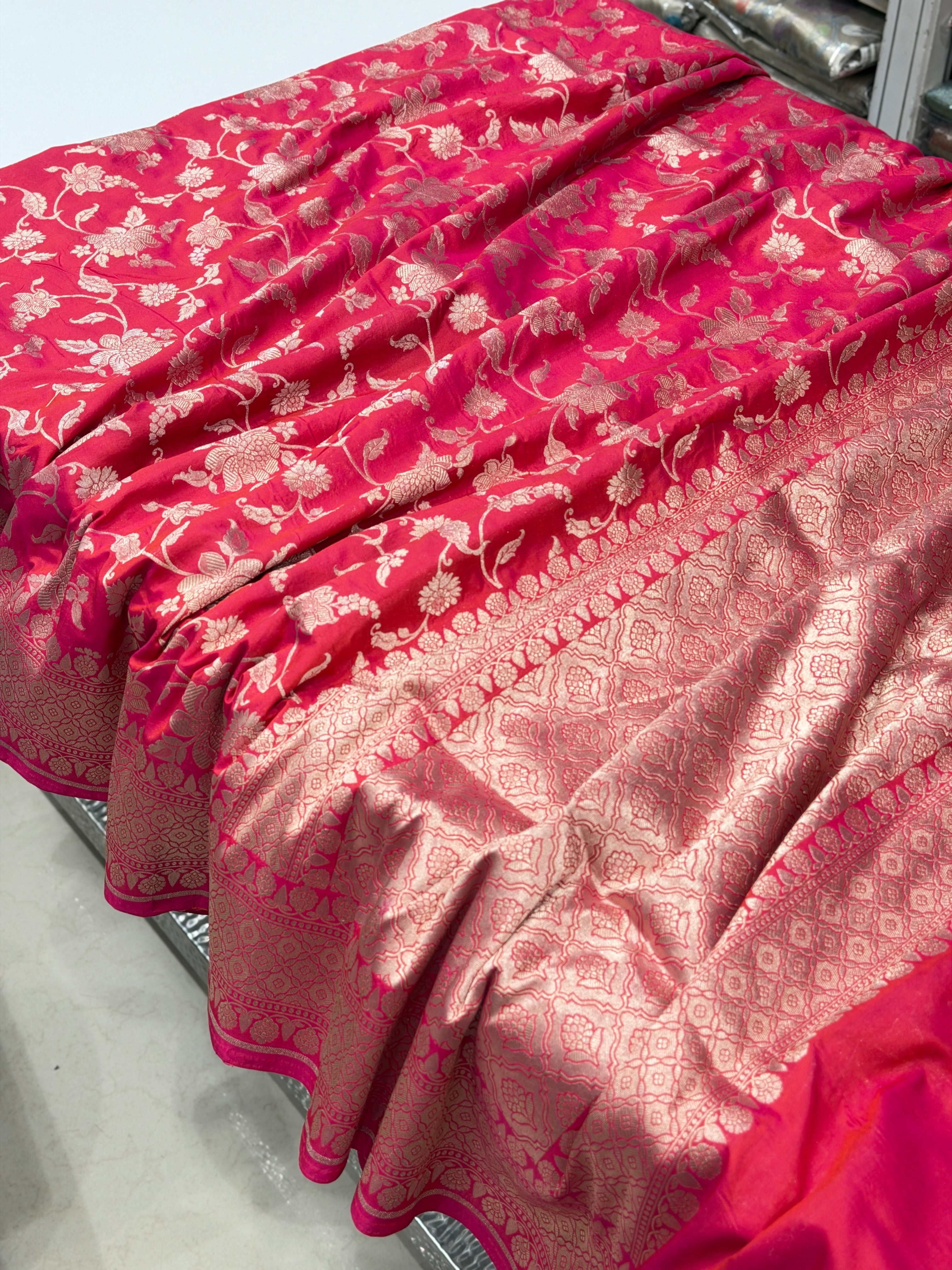 Cross Rani Floral Jaal Handloom Banarasi Katan Silk Saree