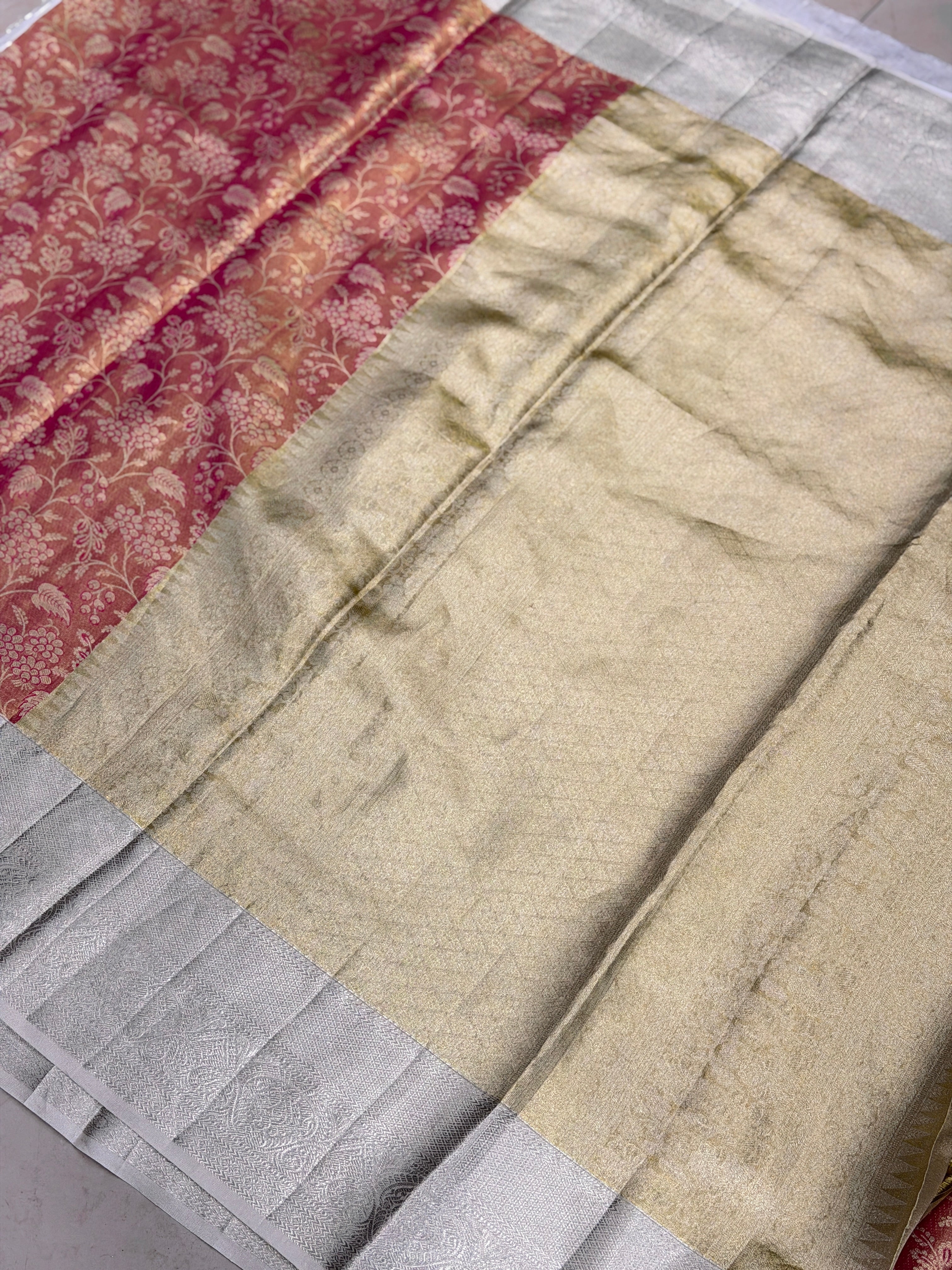 Crimson Handloom Kanjivaram With Silver Border Tissue Silk Saree