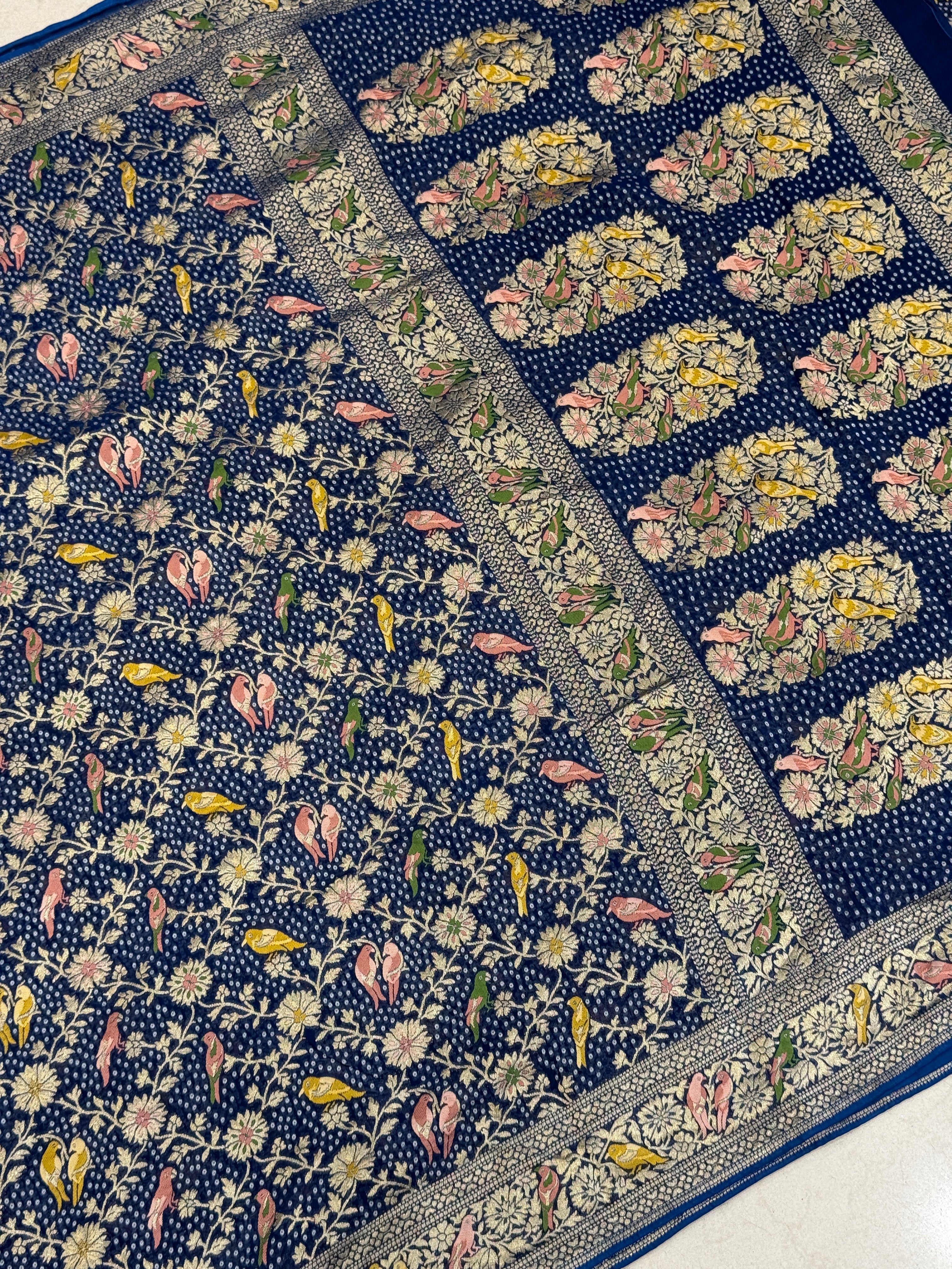 Blue Woven Bandhej Meenakari Parrot Motif Saree