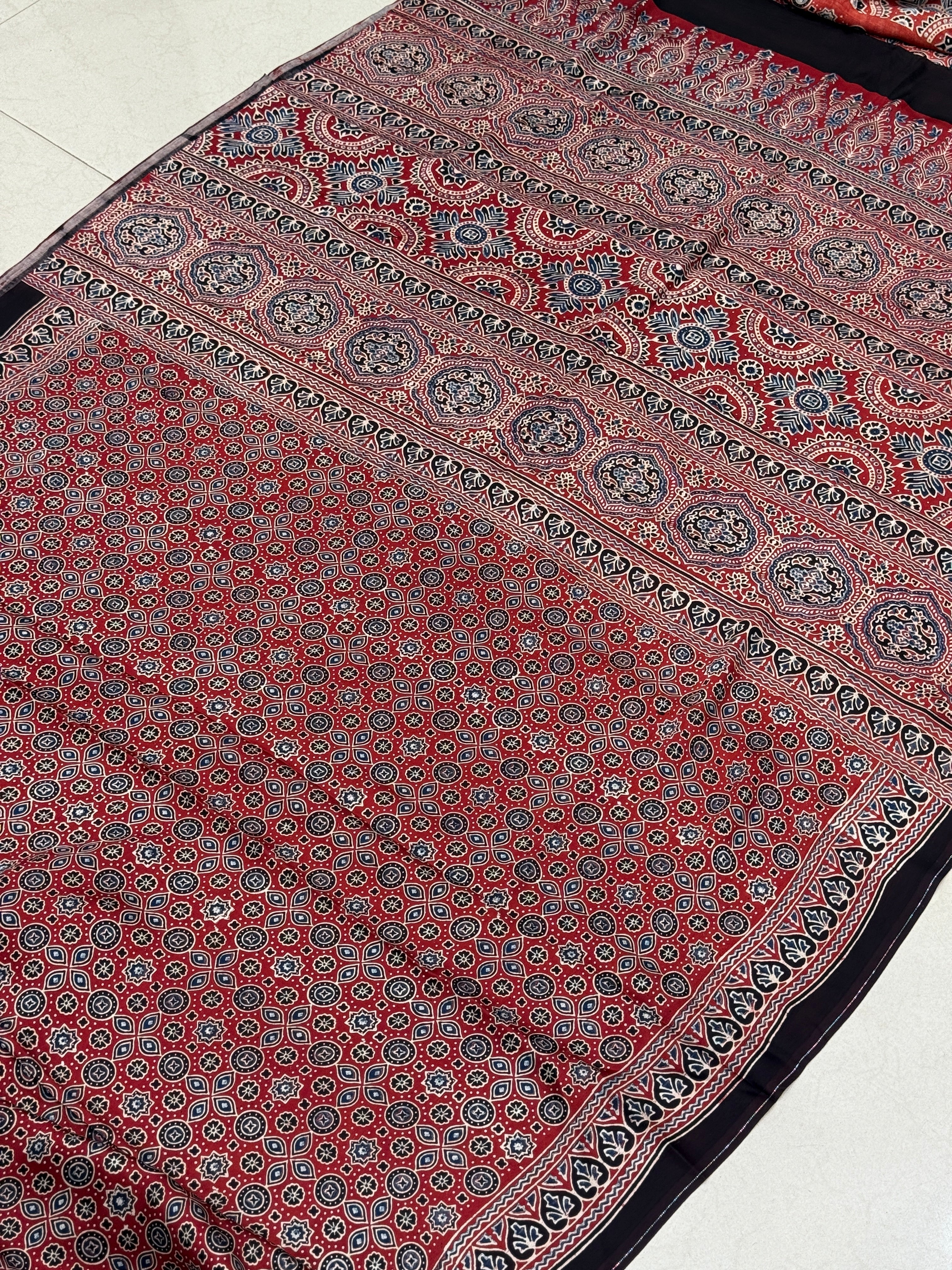 Red Crown Buttis Jaal Ajrakh Modal Gajji Silk Saree
