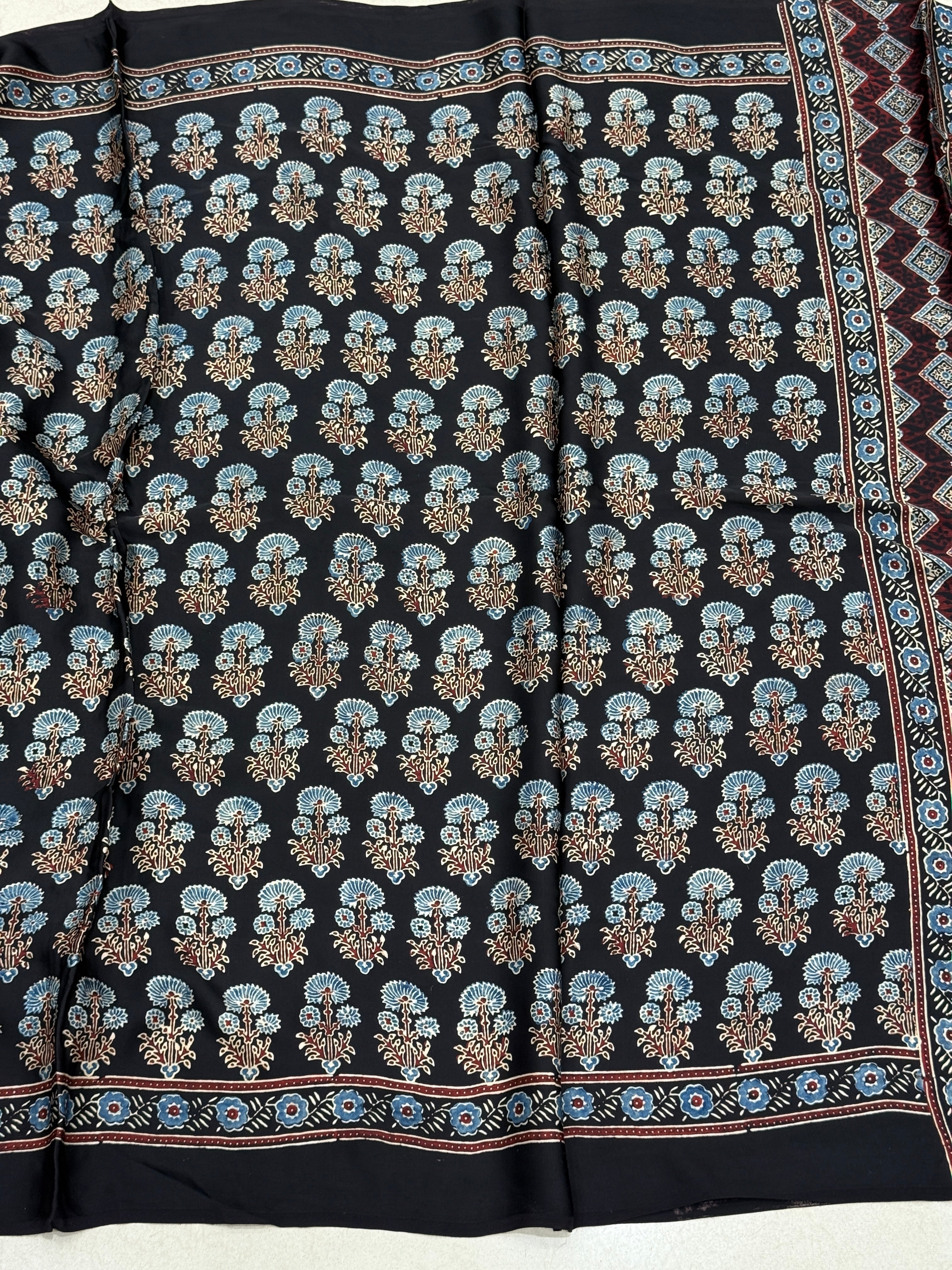 Black Big Buttis Ajrakh Block Print Hand Pure Gajji Silk Saree