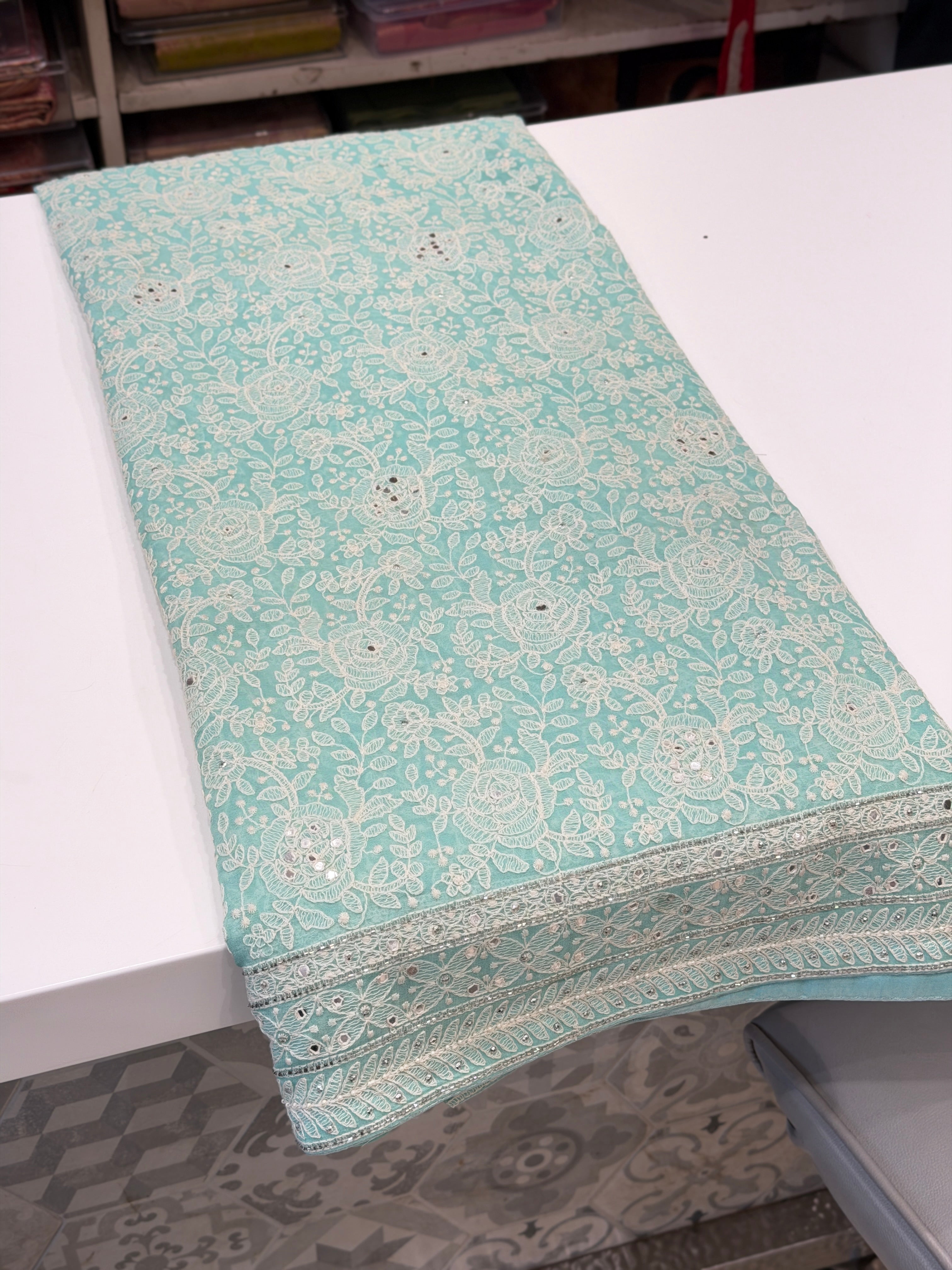 Sea Green Chikankari Georgette Mirror Moti Embroidery Saree