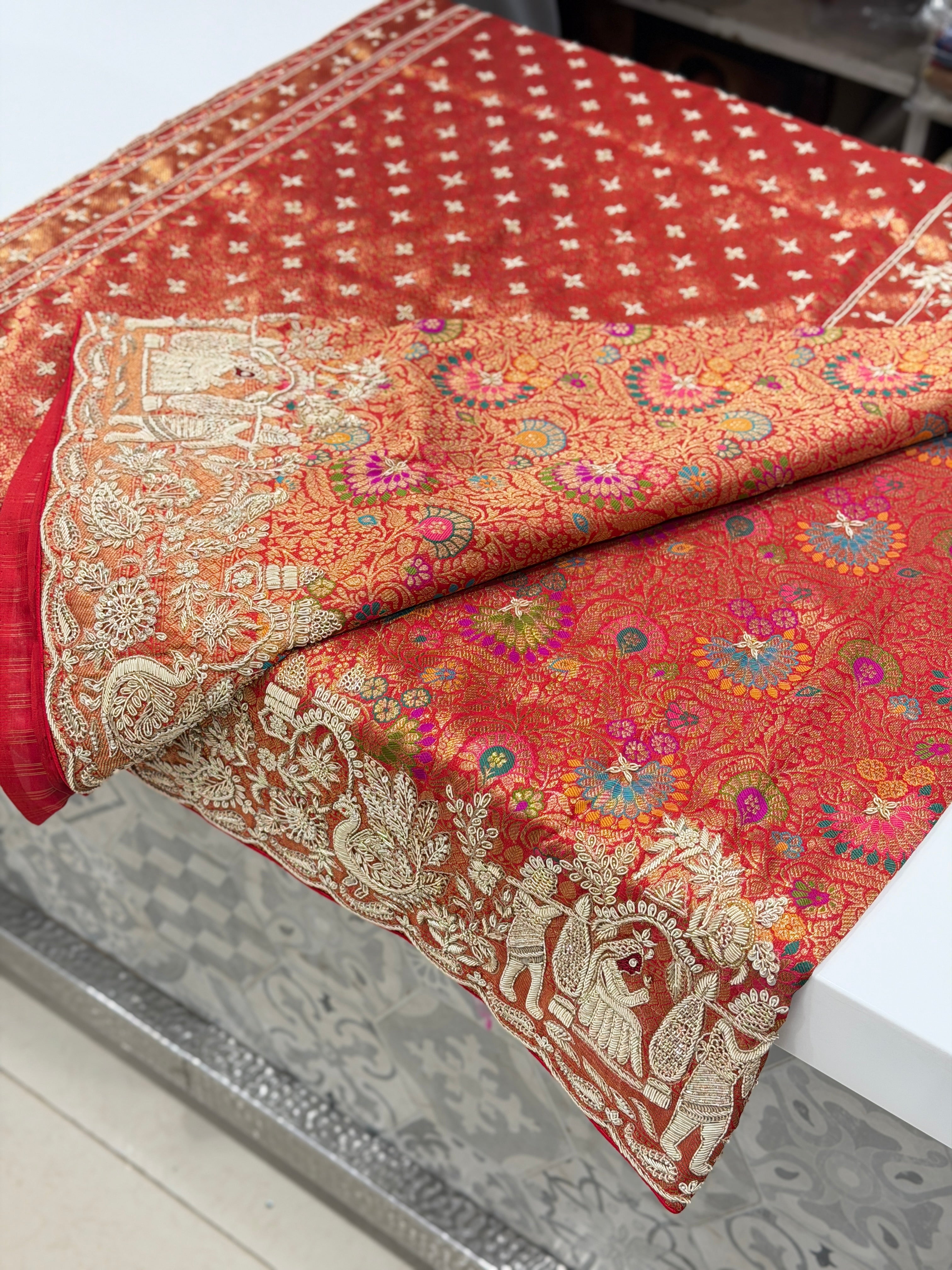 Red Khinkhwab Banarasi Hand Embroidery Zardosi Doli Edit Saree