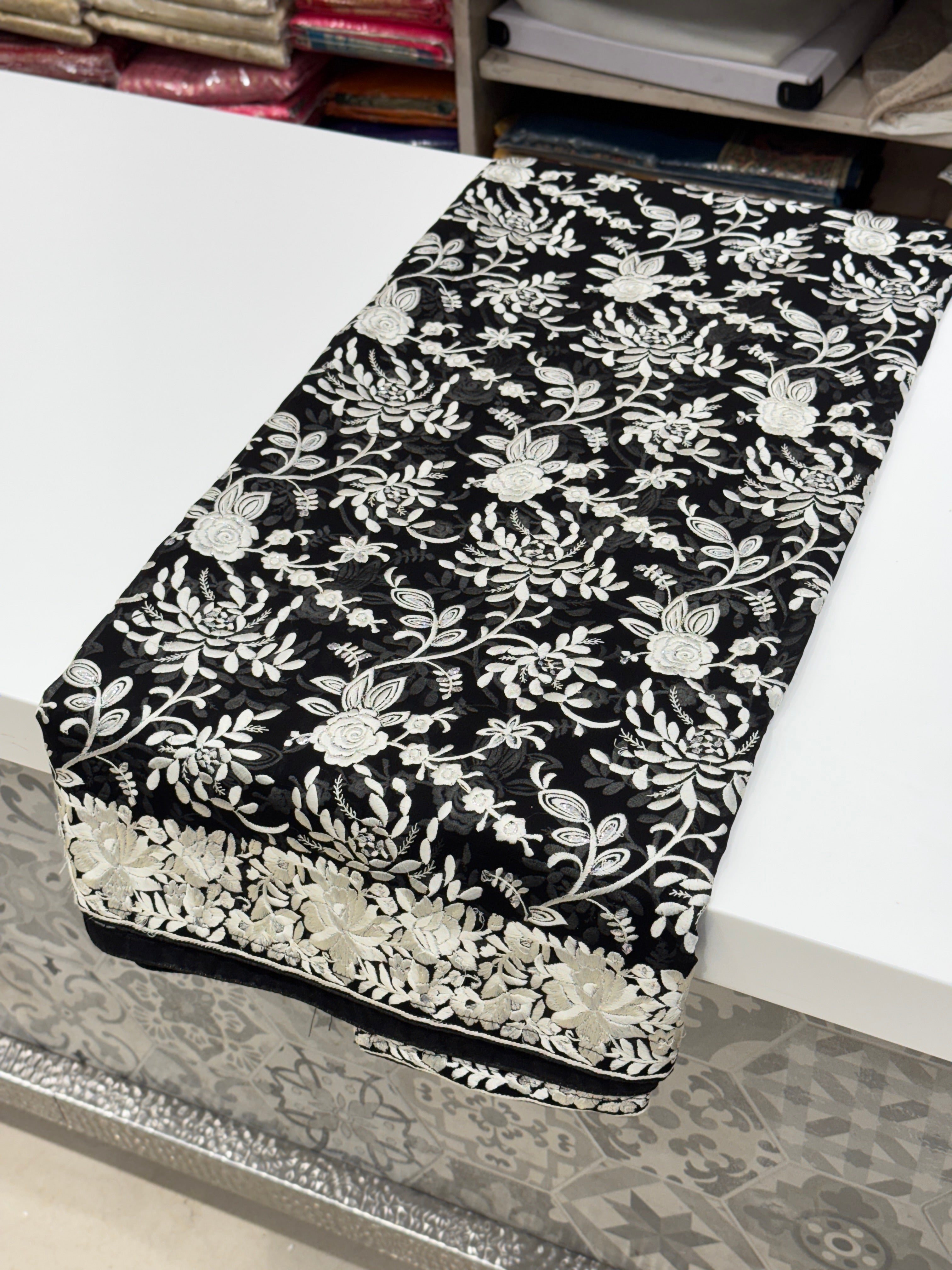 Black Floral Georgette Parsi Gara Saree