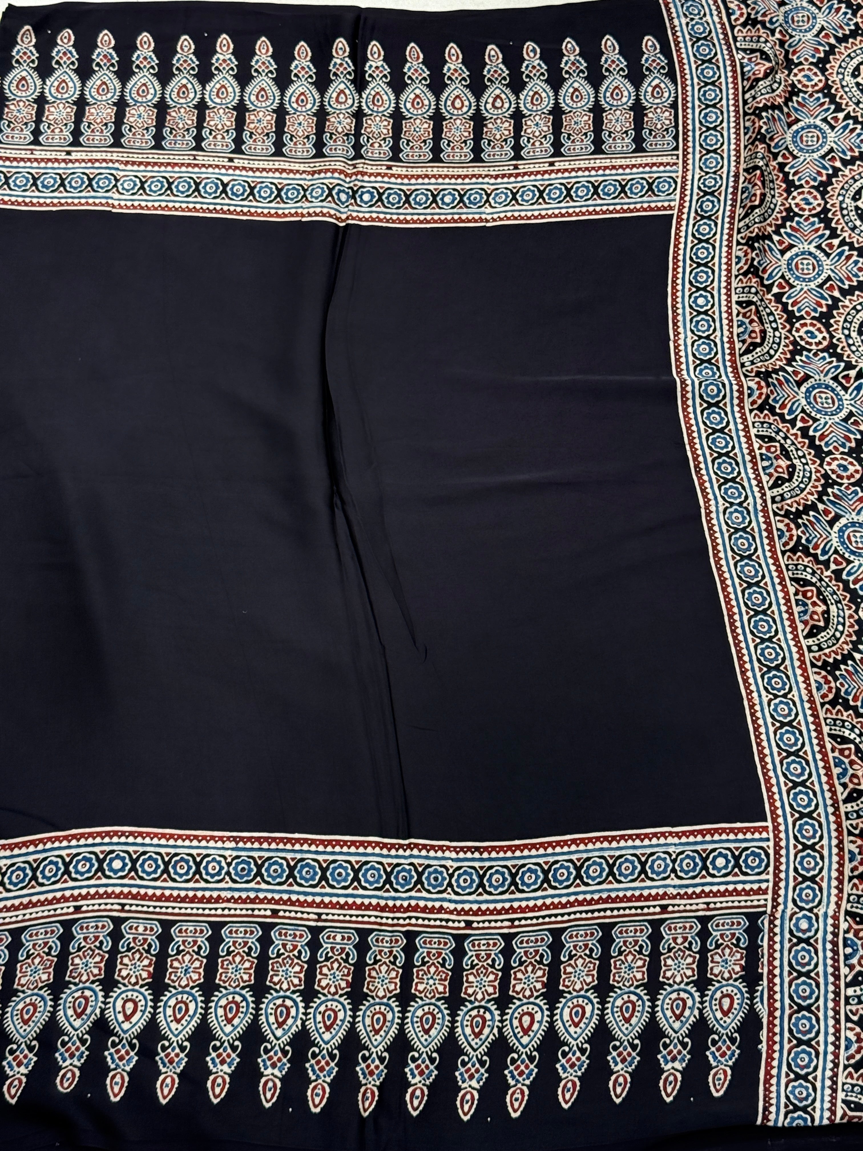 Black Plain Border Modal Gajji Silk Handblock Print Ajrakh Saree