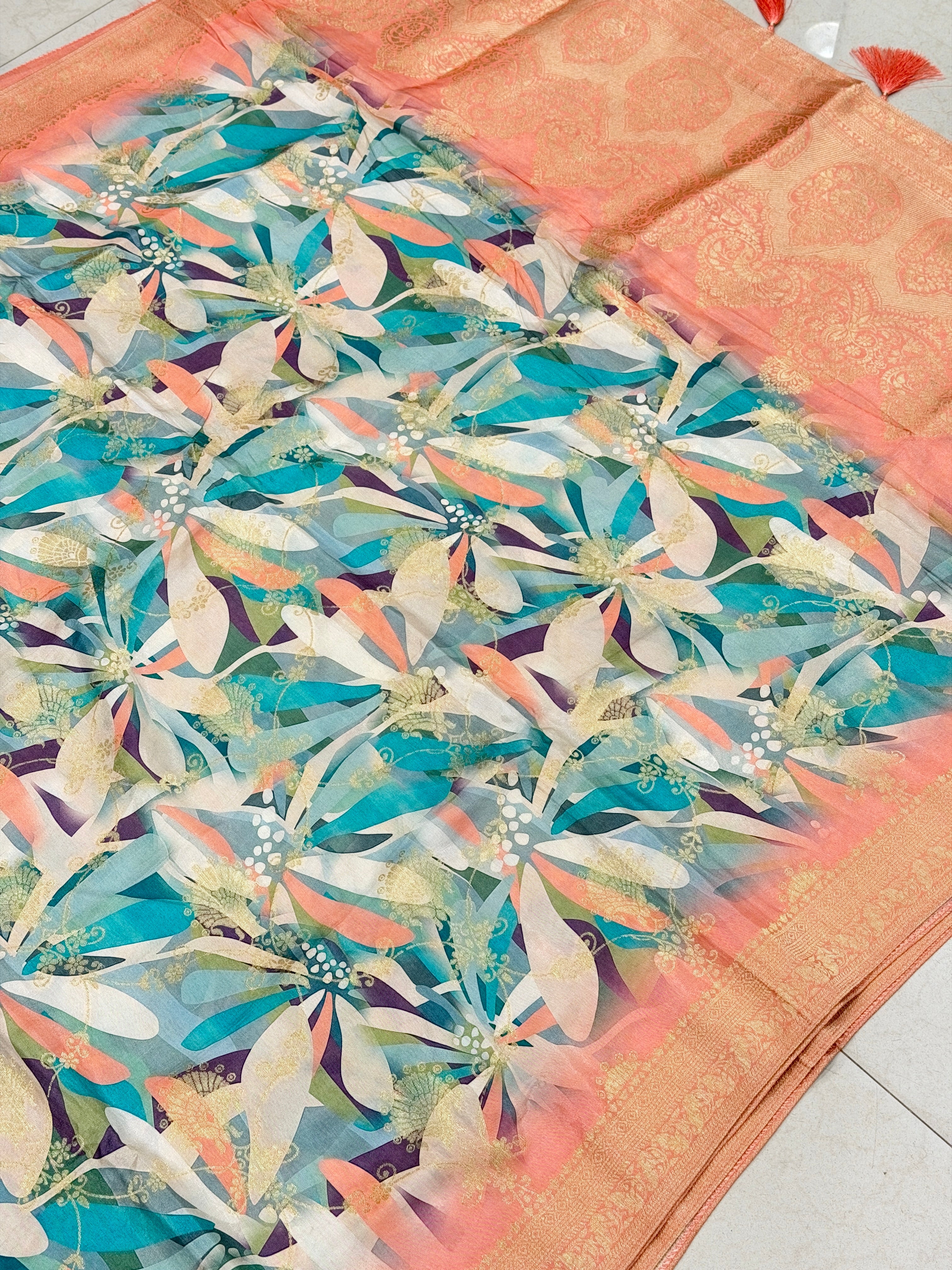 Abstract Floral Multi Colour Print Munga Soft Silk Saree