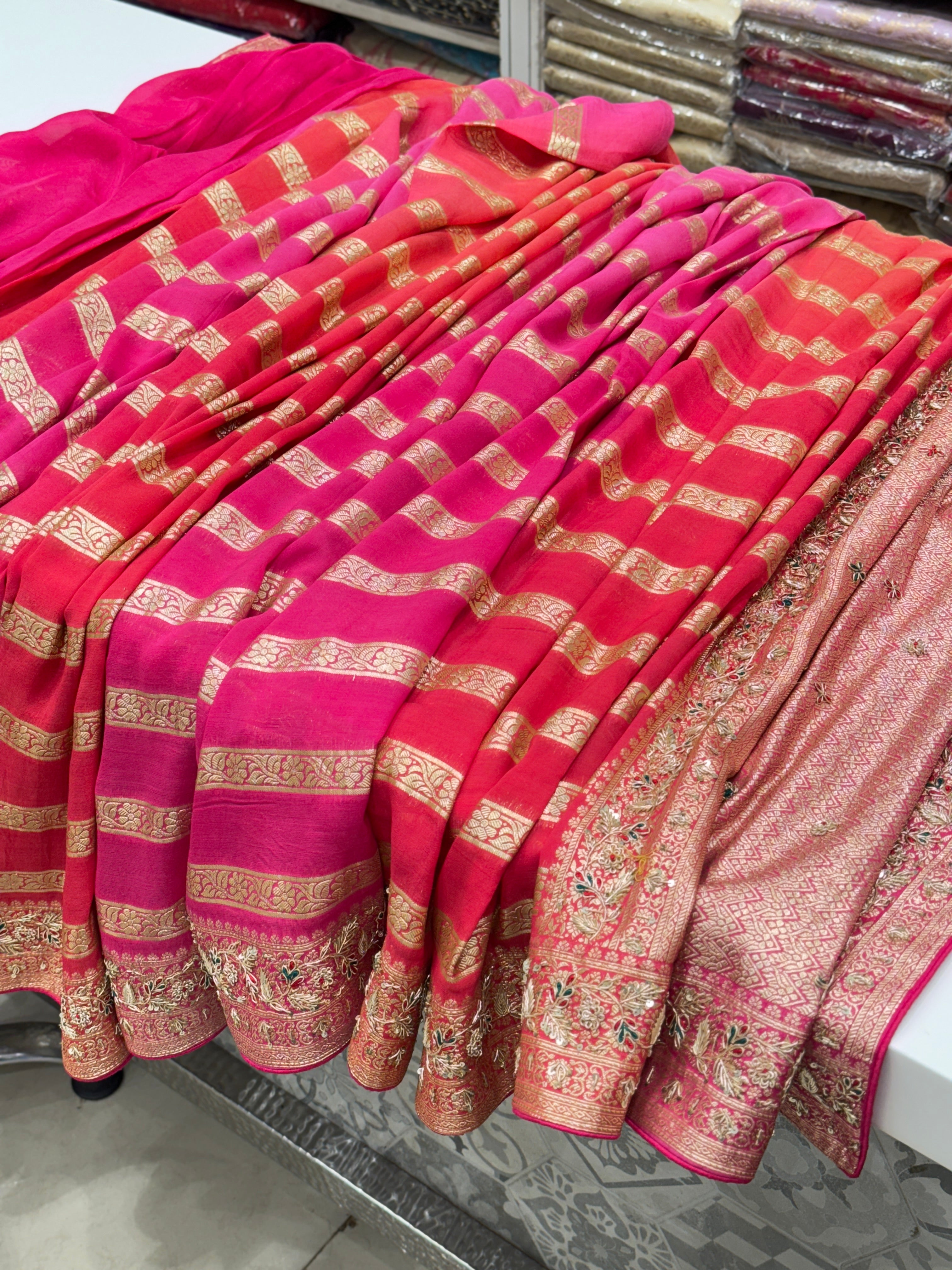 Shaded Satin Organza Zardosi Saree Leheriya Style