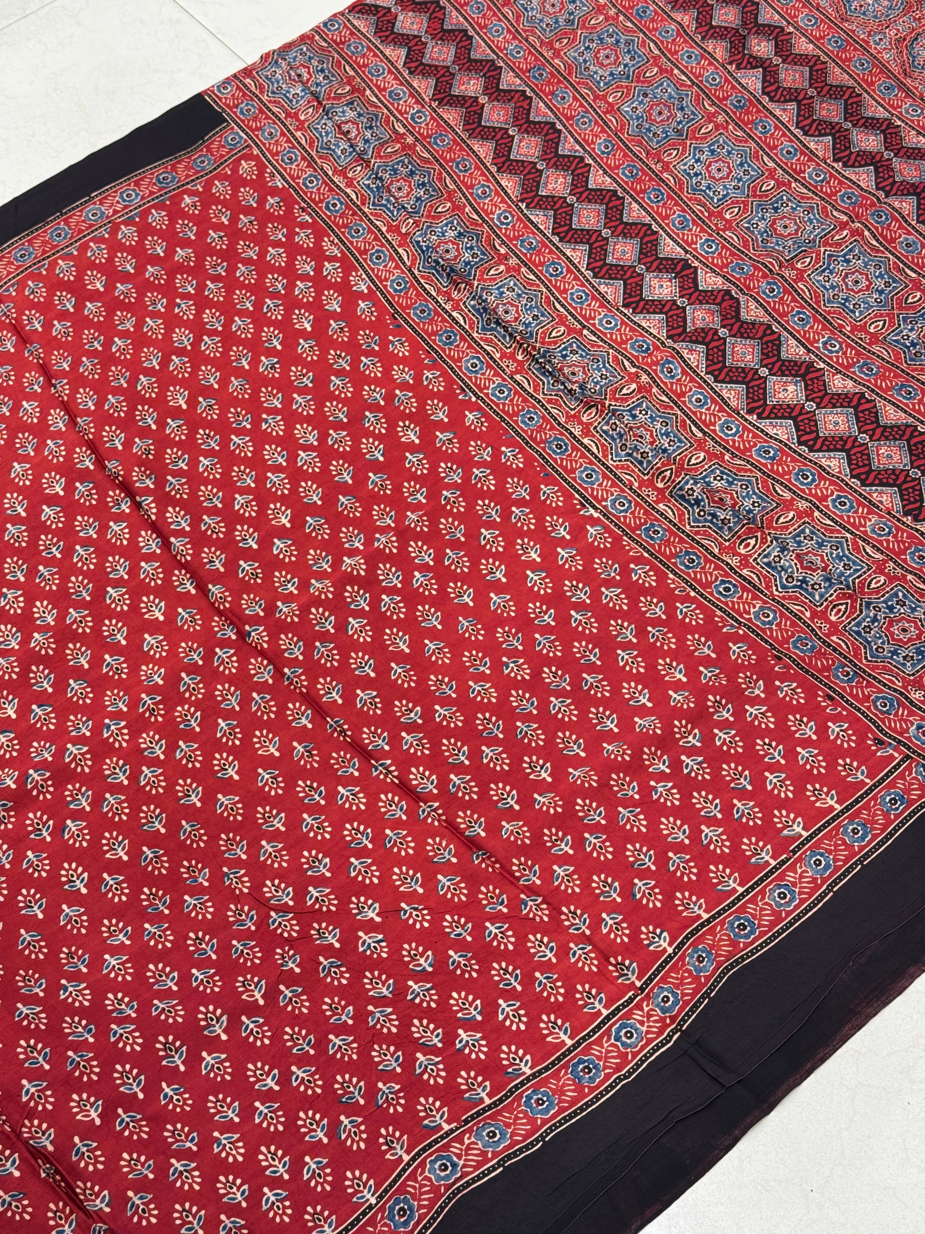 Red Buttis Ajrakh Saree Modal Gajji Silk Hand Block Print