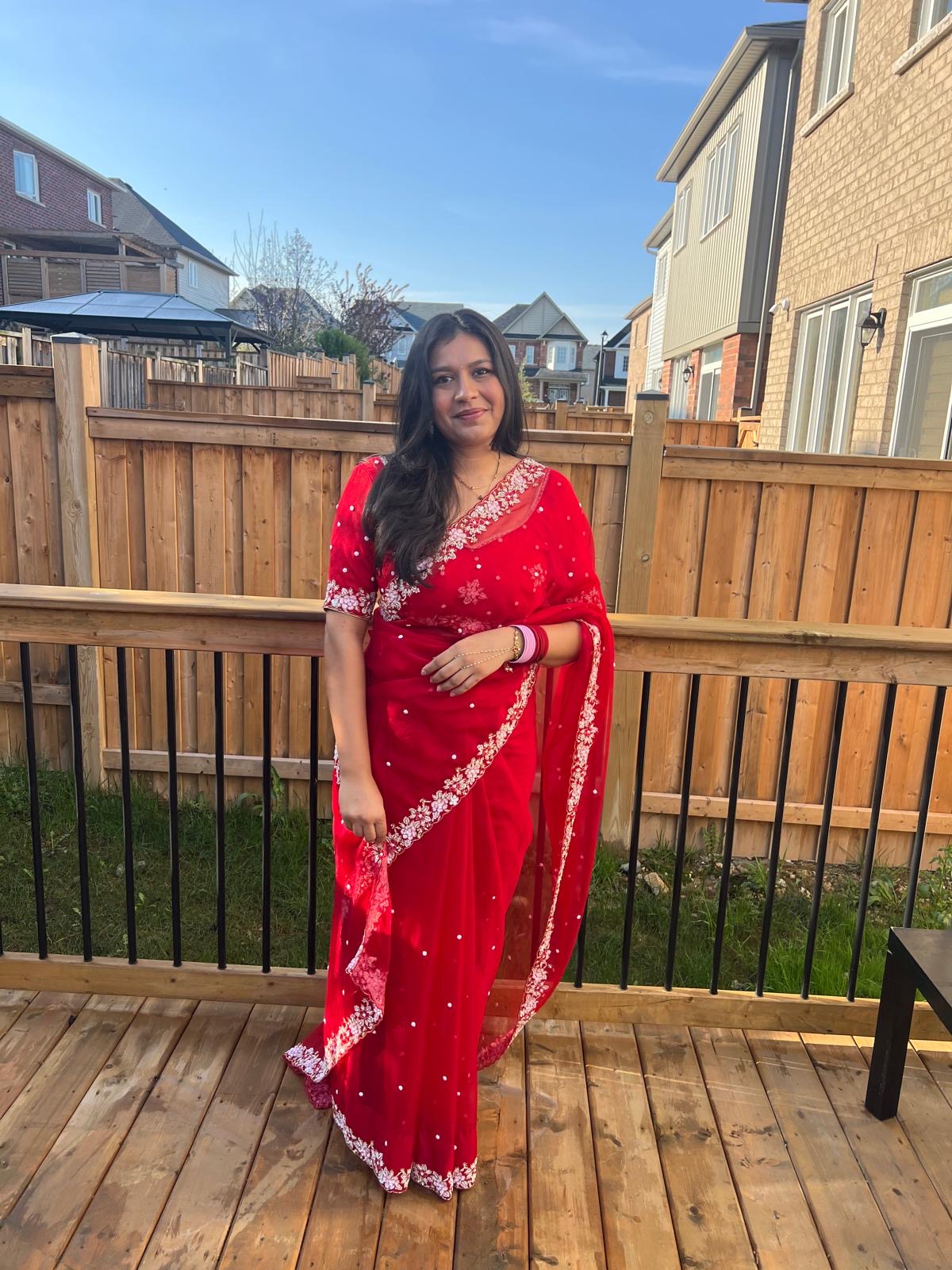 Red Organza Floral Border Hand Embroidery Saree