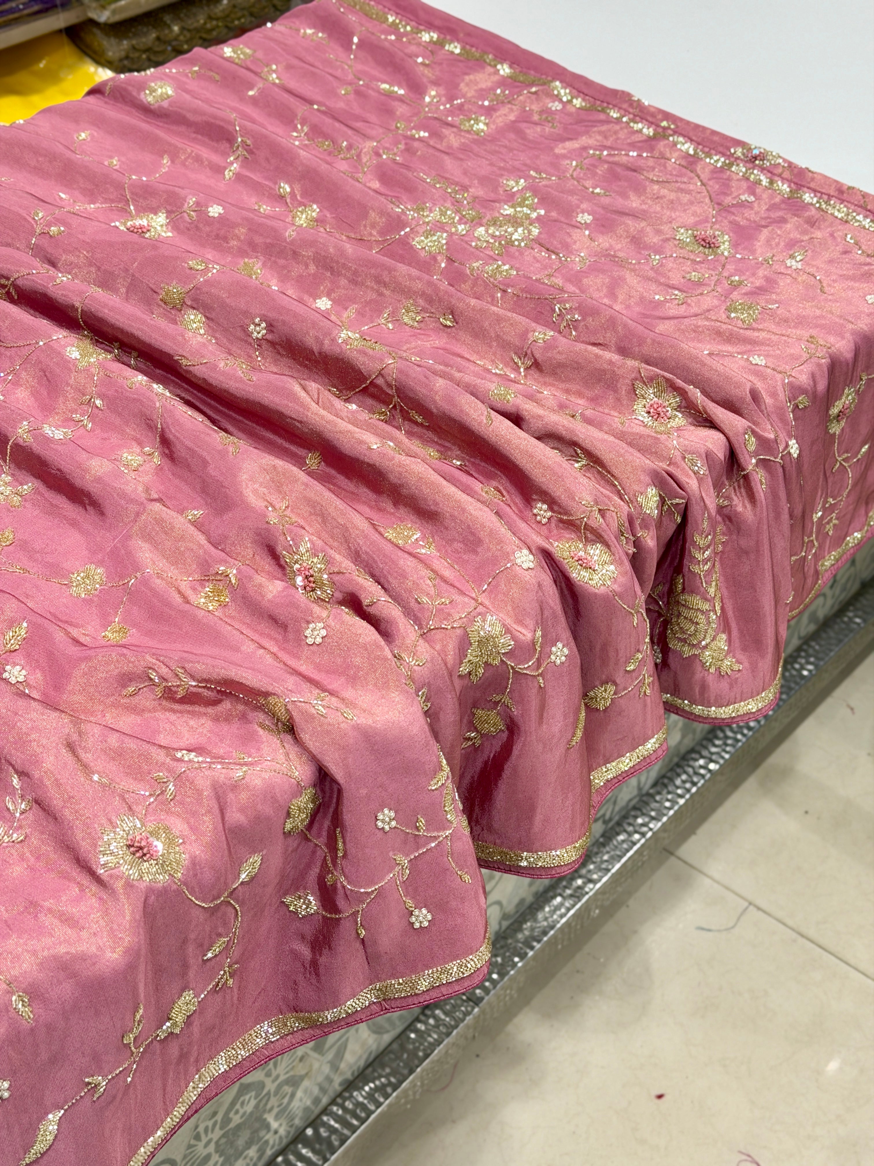 Pink Crepe Tissue Cutdana Knot Hand Embroidery Jaal Saree